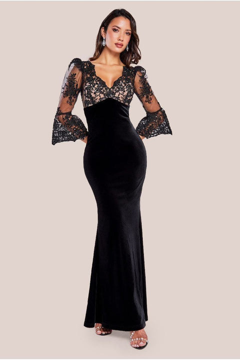 Scalloped Lace & Velvet Maxi Dress - Black by Goddiva