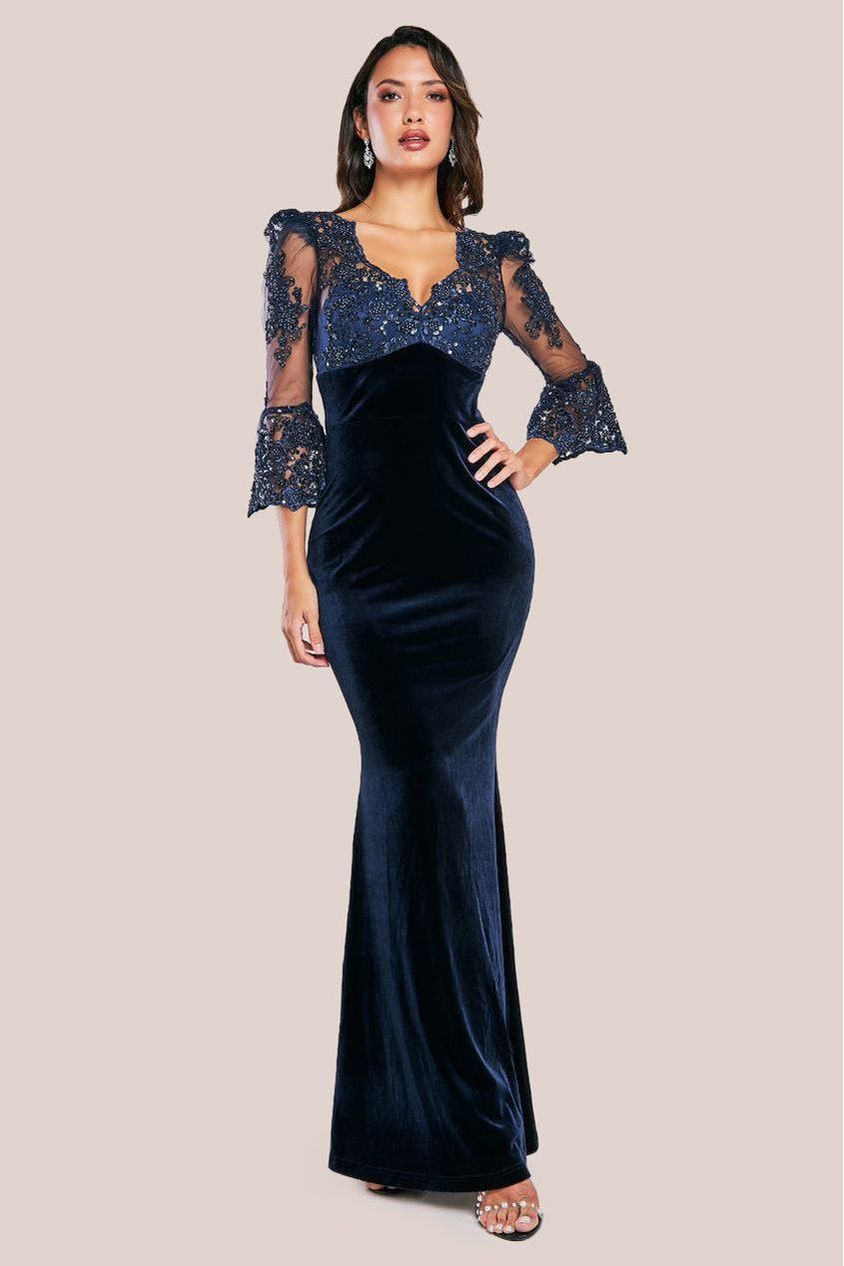 Scalloped Lace & Velvet Maxi Dress - Navy | Goddiva Scalloped Lace & Velvet Maxi Dress - Navy | Goddiva