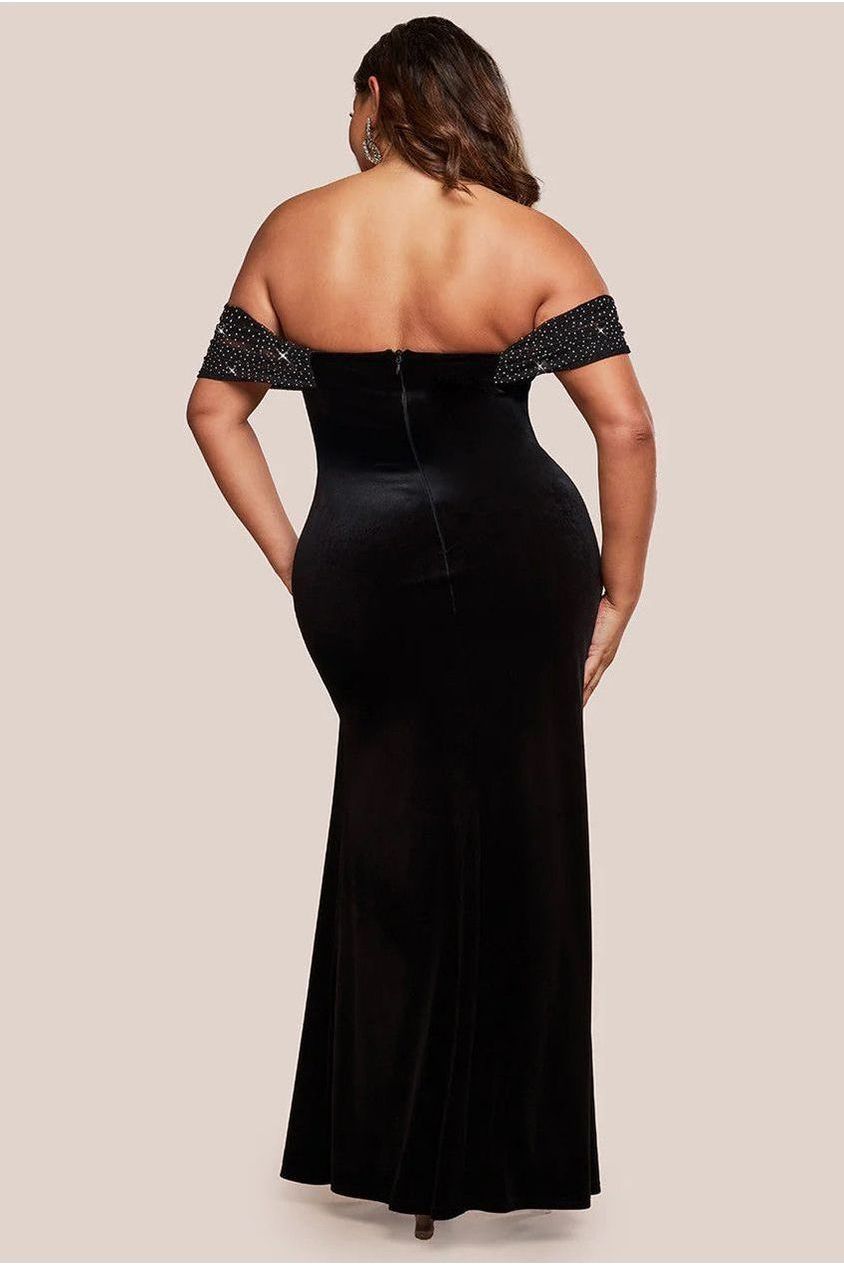 Off Shoulder Hotfix Diamante Wing Velvet Maxi Dress - Black DR4484PLUS