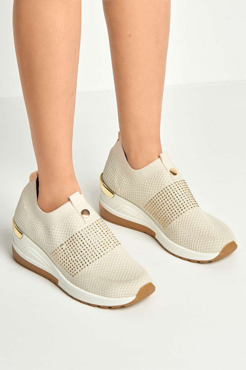 Ember Diamante Embellished Slip On Trainers In Beige by Miss Diva