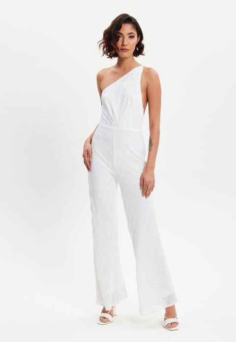 One Shoulder Backless Sequin Jersey Jumpsuit by Liquorish
