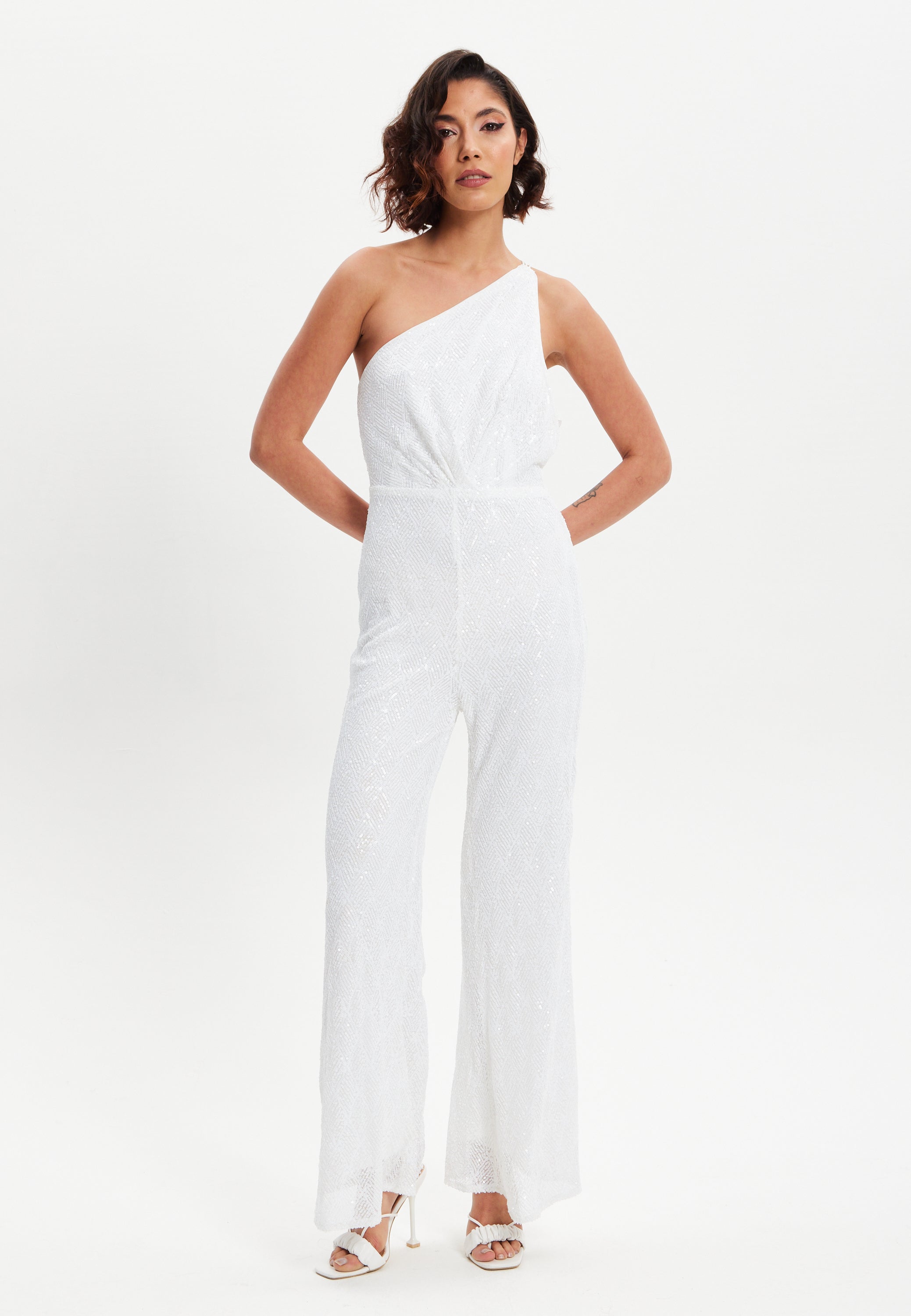 One Shoulder Backless Sequin Jersey Jumpsuit H5-DML017