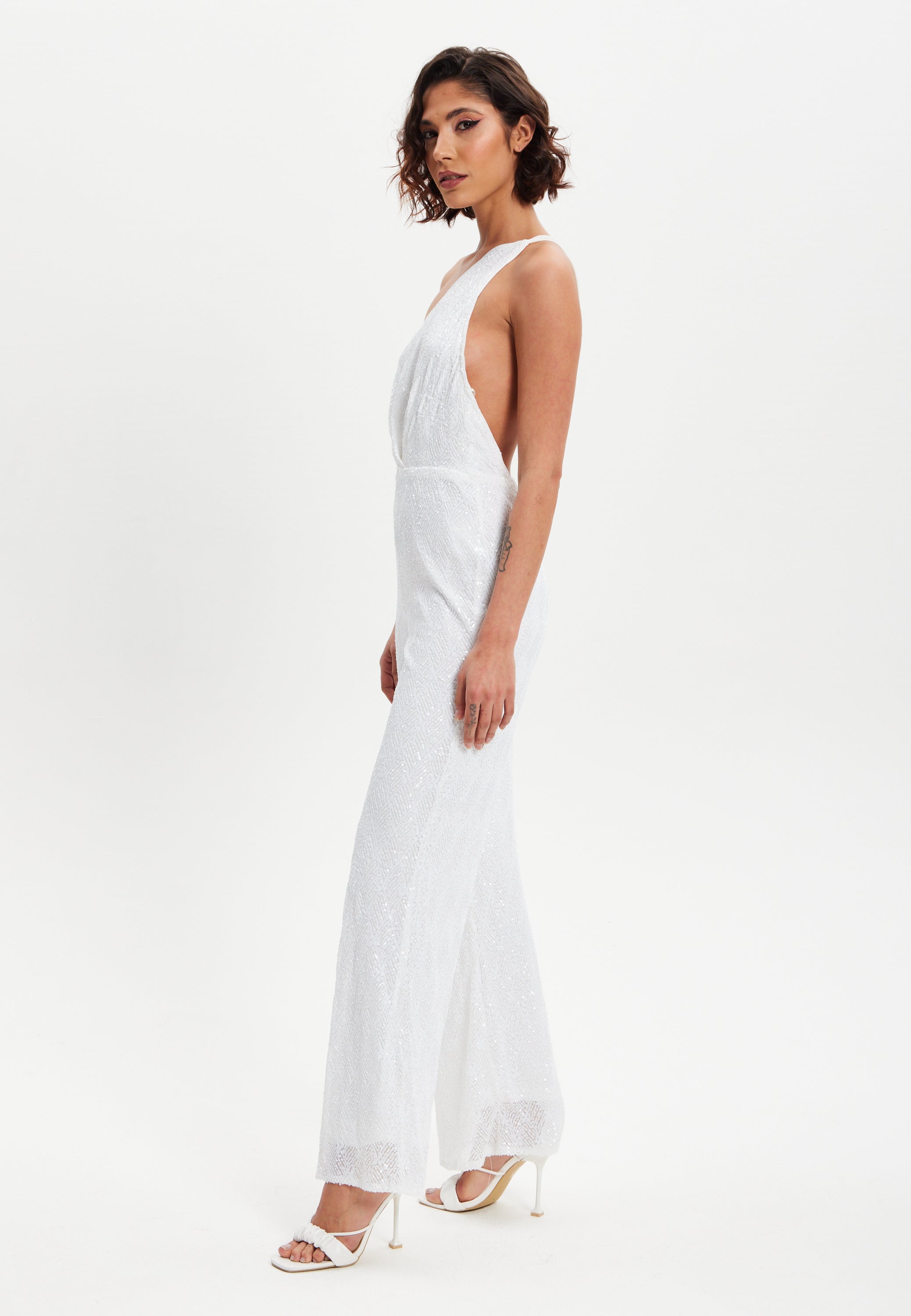 One Shoulder Backless Sequin Jersey Jumpsuit H5-DML017