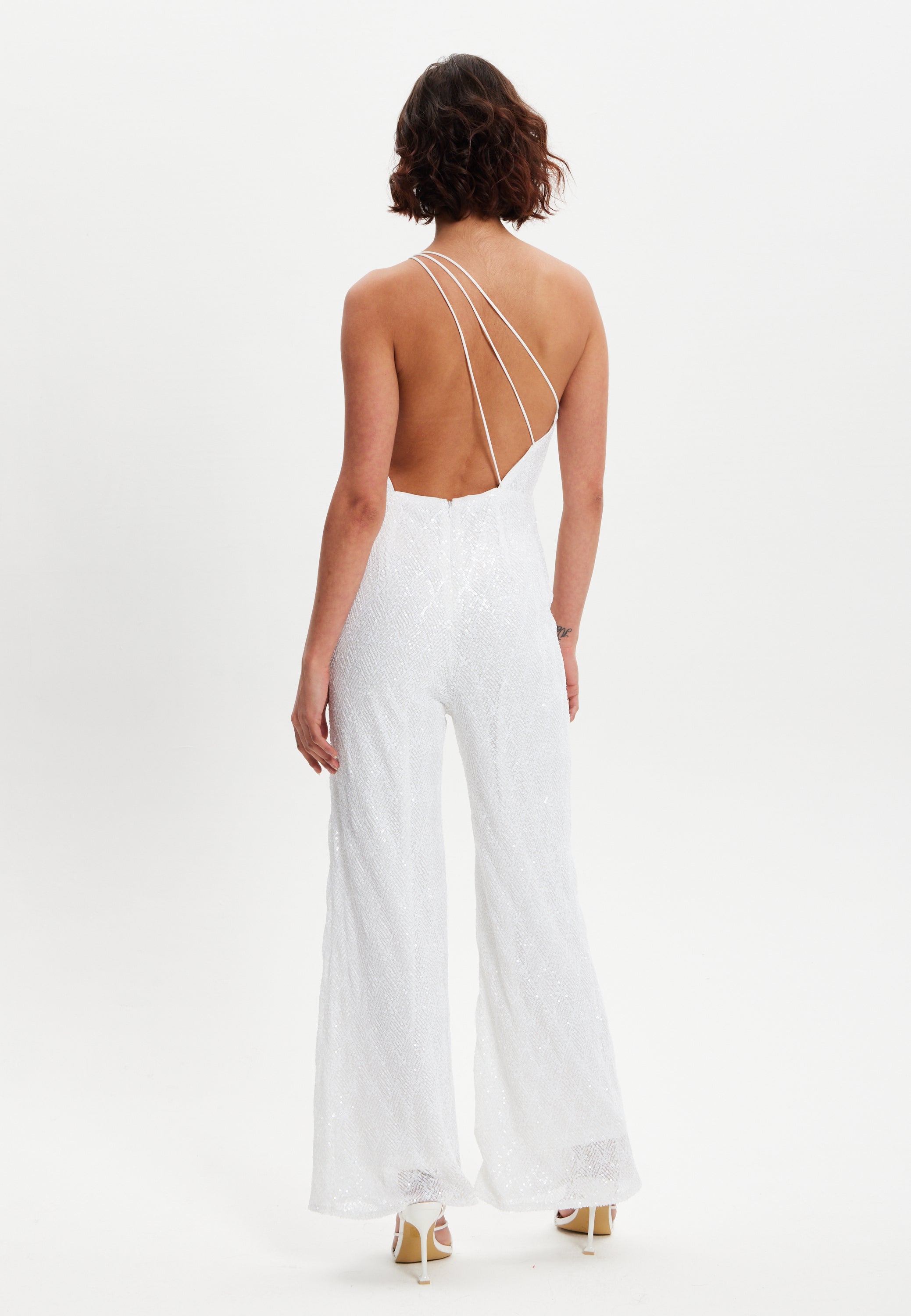 One Shoulder Backless Sequin Jersey Jumpsuit H5-DML017
