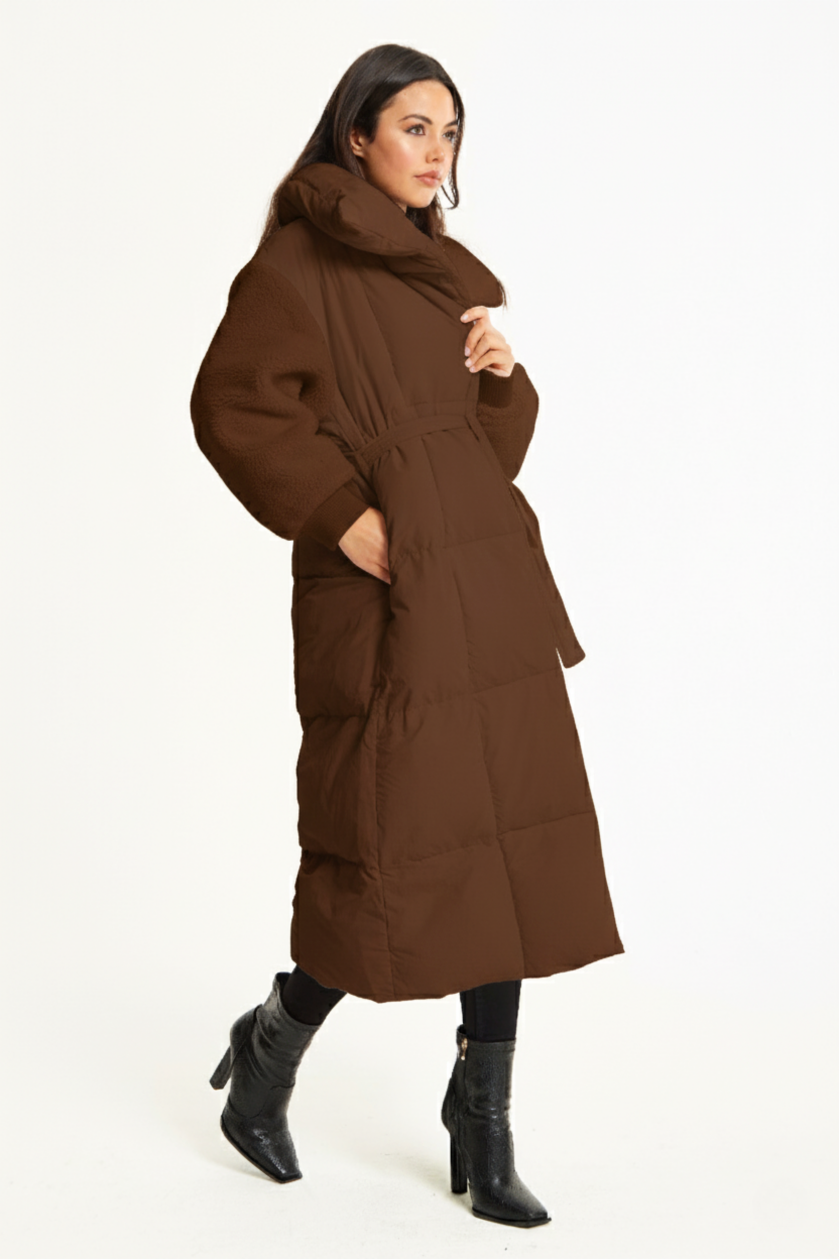 Brown Longline Belted Puffer Coat 25AWBROW013