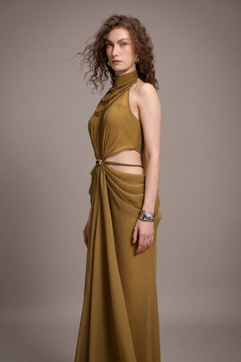 High-Neck Braided Cut-Out Draped Chiffon Maxi Dress R2510HB025