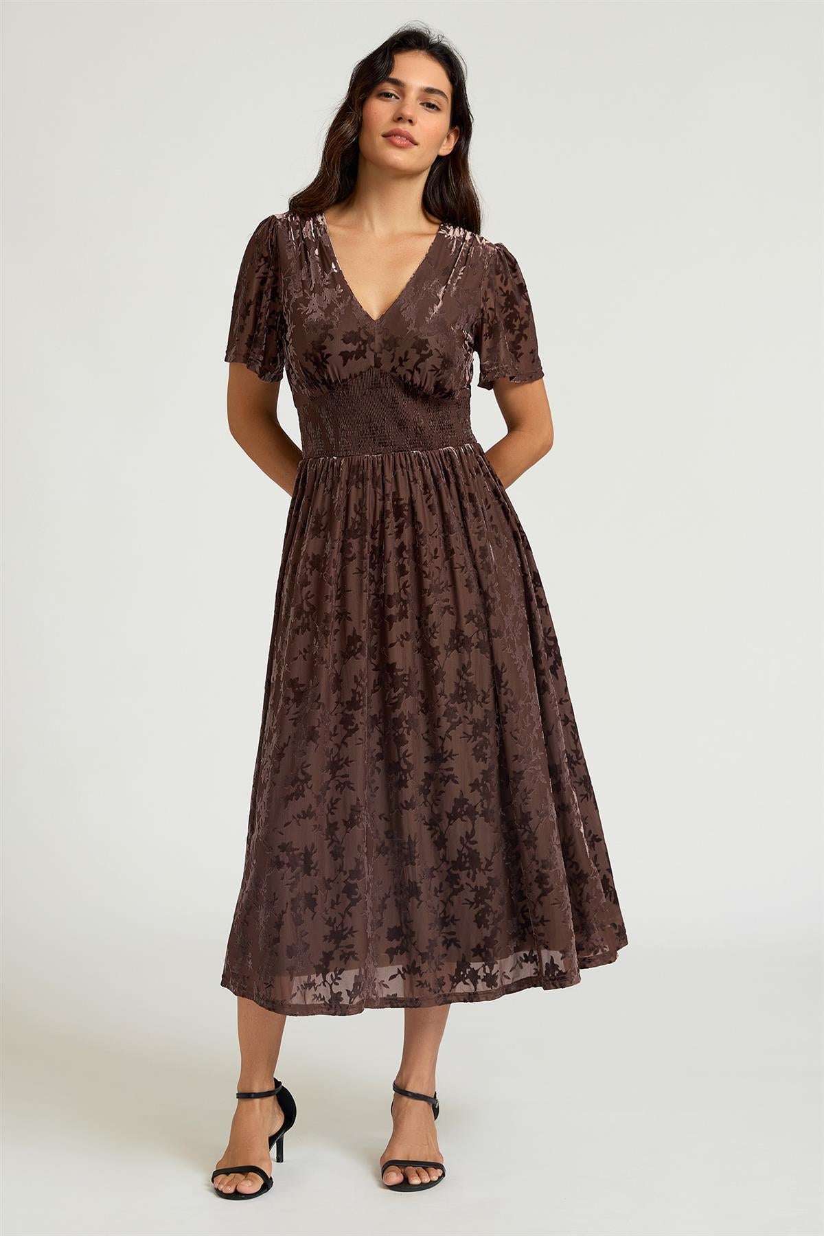 Brown Velvet Burnout V-Neck Angel Sleeve Midi Dress FS955
