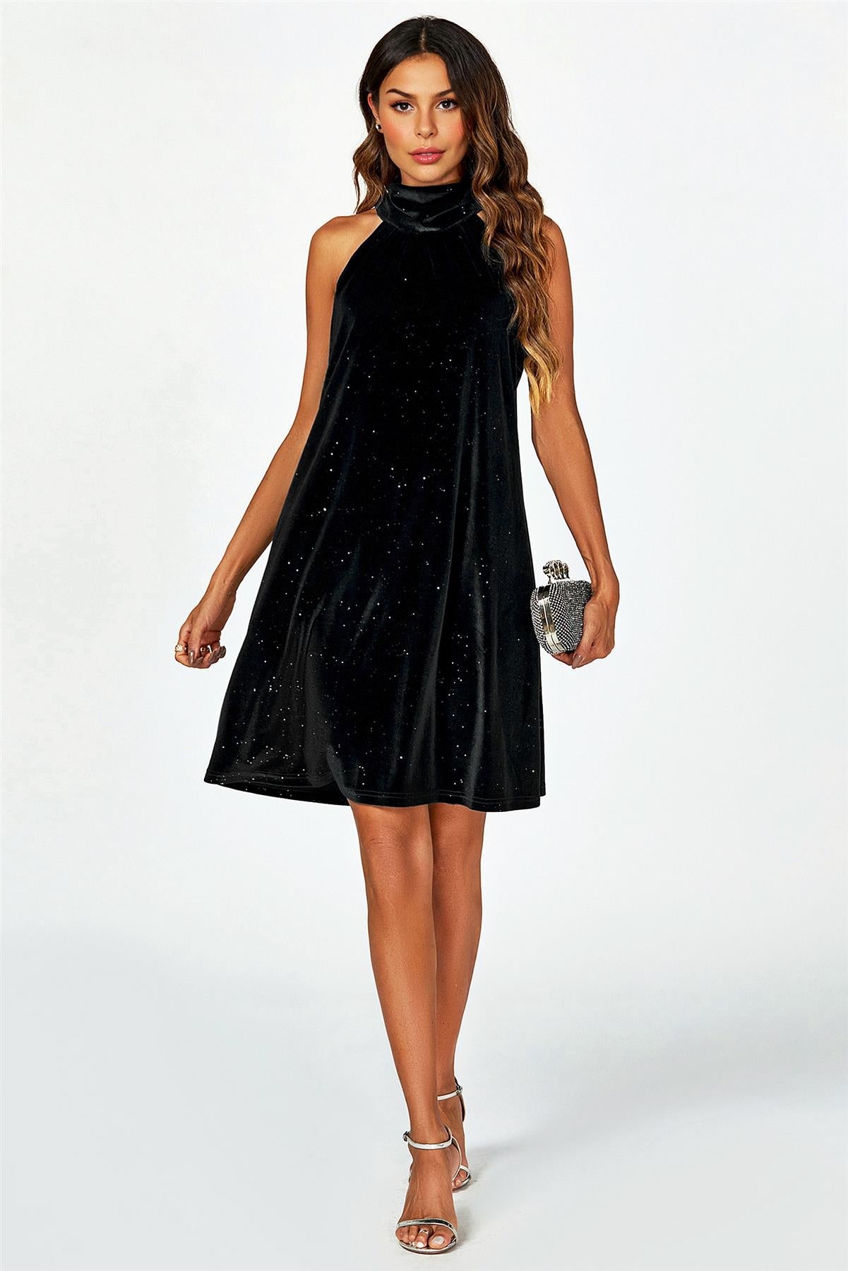 Silver Foil Velvet Halter Neck Tie Back Mini Dress In Black FS455-VBS