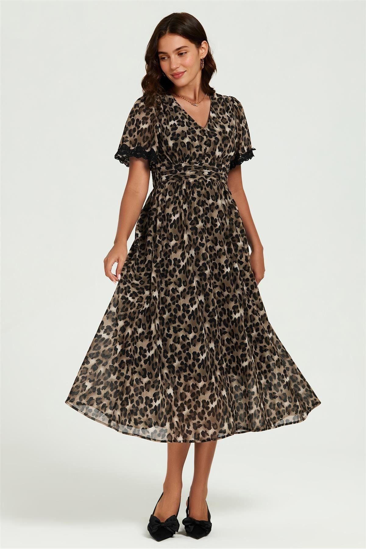 Leopard Print Lace Trim On Sleeve Midi Dress In Brown FS863-LLB