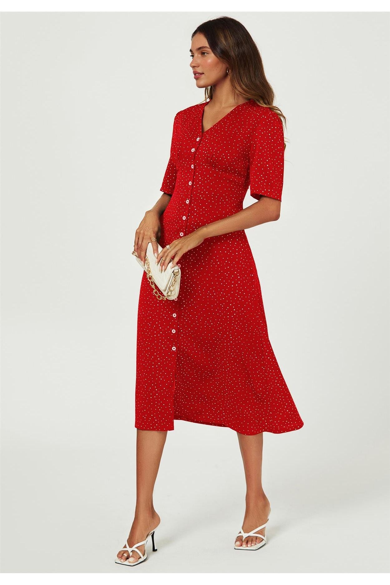 Dot Print Button Front Midi Dress In Red FS707-RedDot