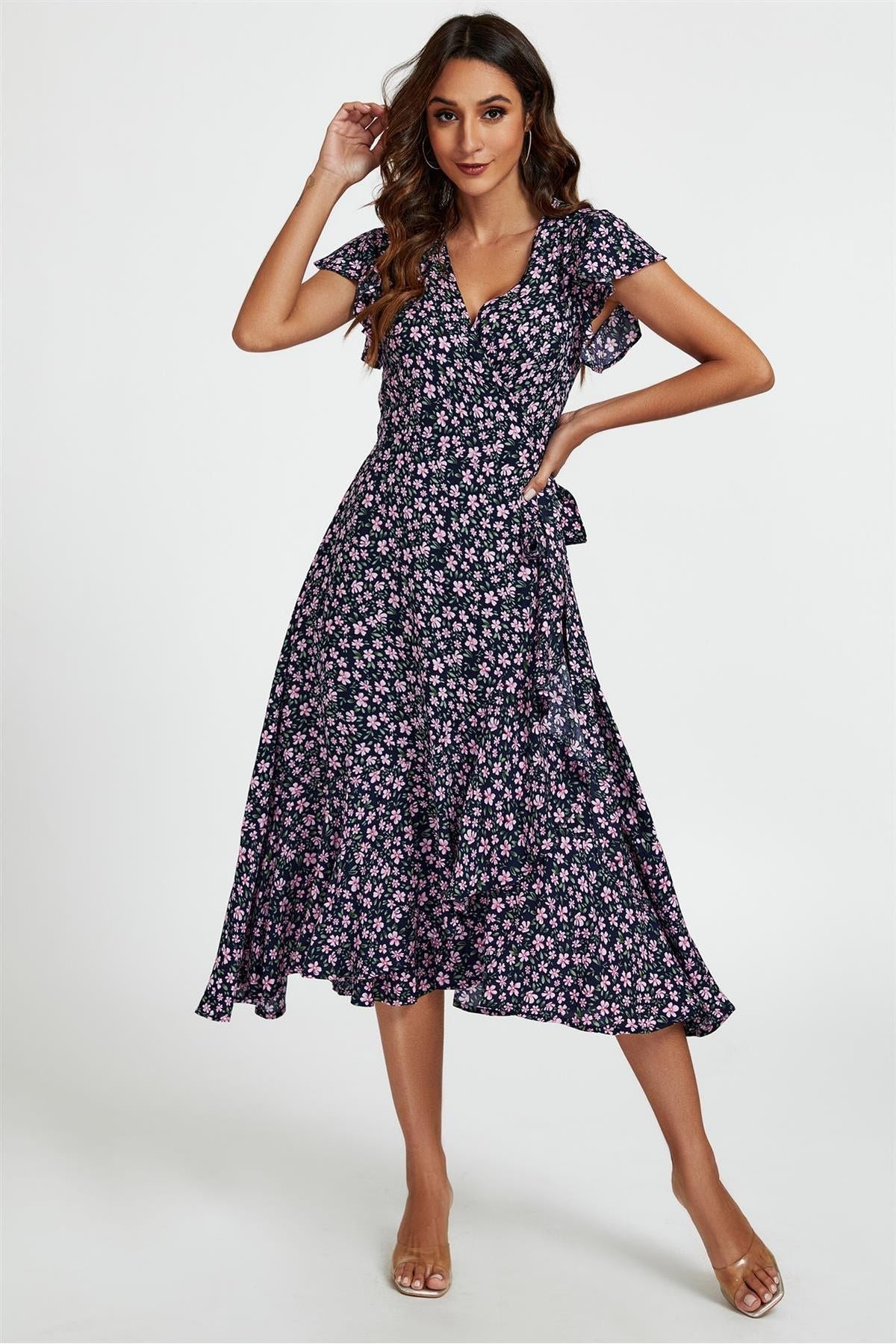 Floral Frill Sleeve Midi Wrap Dress In Navy FS411-NavyPink
