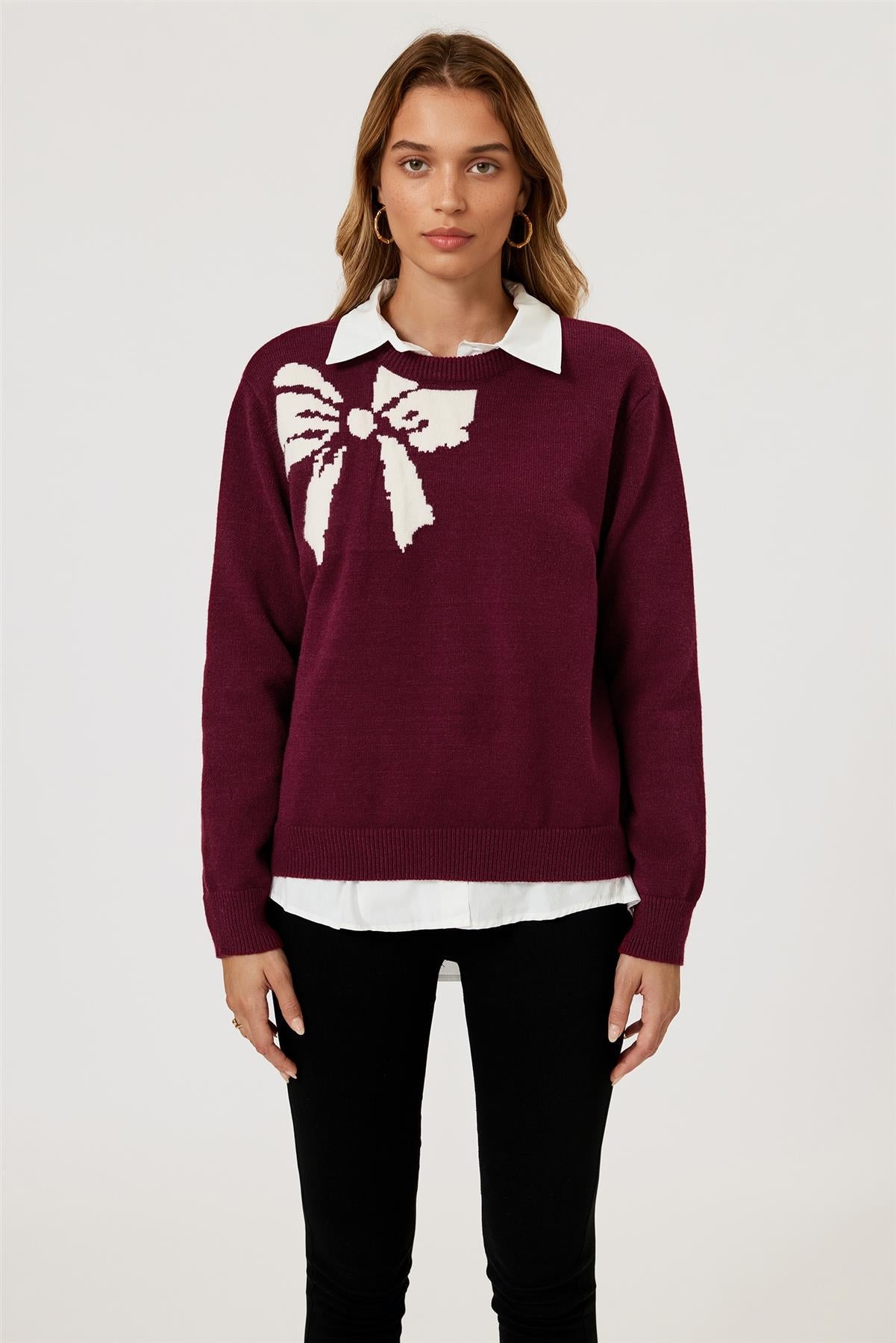 Bowknot Pattern On Shoulder Knit Jumper Top In Wine FS892