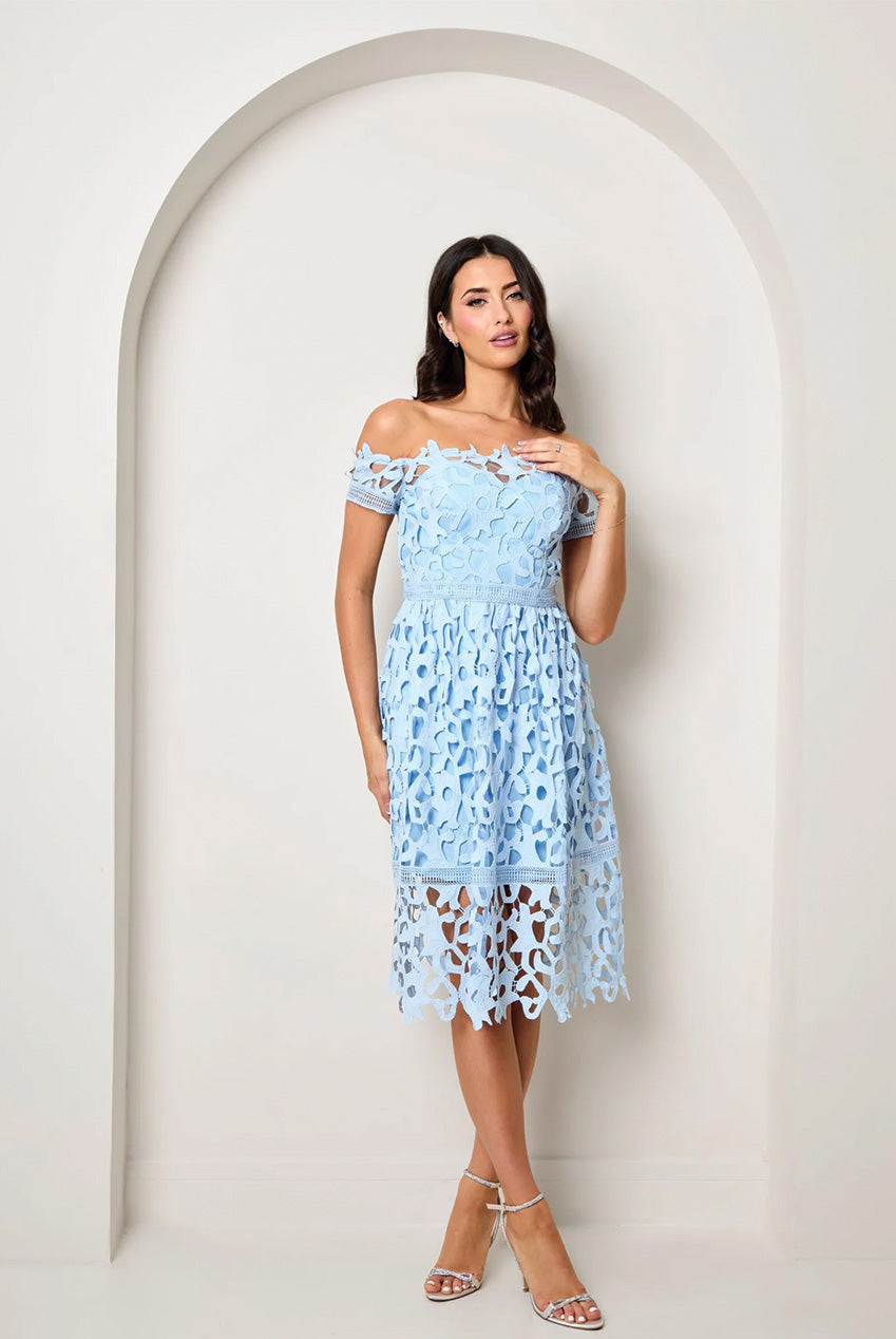 Bardot Lace Midi Crochet Dress In Blue 52580BL