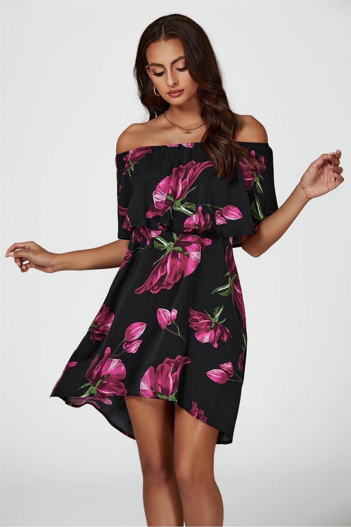 Pink Floral Print Bardot Frill Off Shoulder Mini Dress In Black FS21179-PinkFloral
