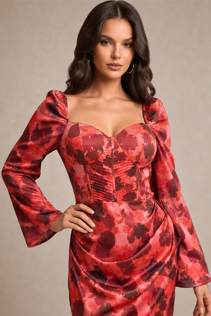 Long Sleeve Corset Style Floral Mini Dress In Red 53363TRE