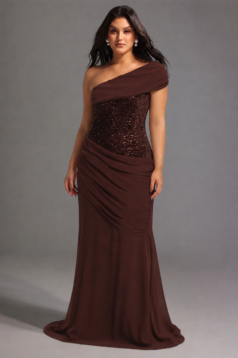 Naleza Chic Contour Off Shoulder Asymmetric Ruched Sequin Maxi Dress by Bella Barnett