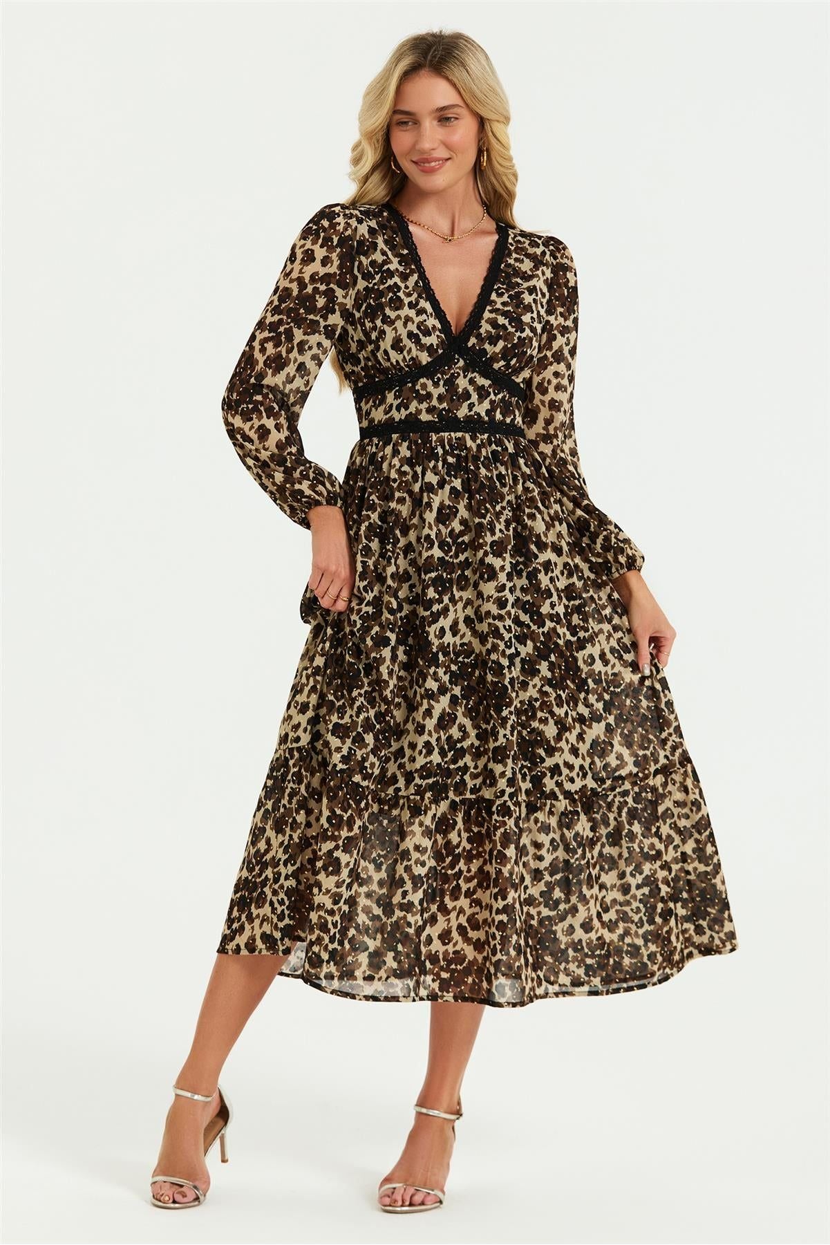 Leopard Print Foil Lace Trim Long Sleeve Maxi Dress In Brown FS565-LLFB