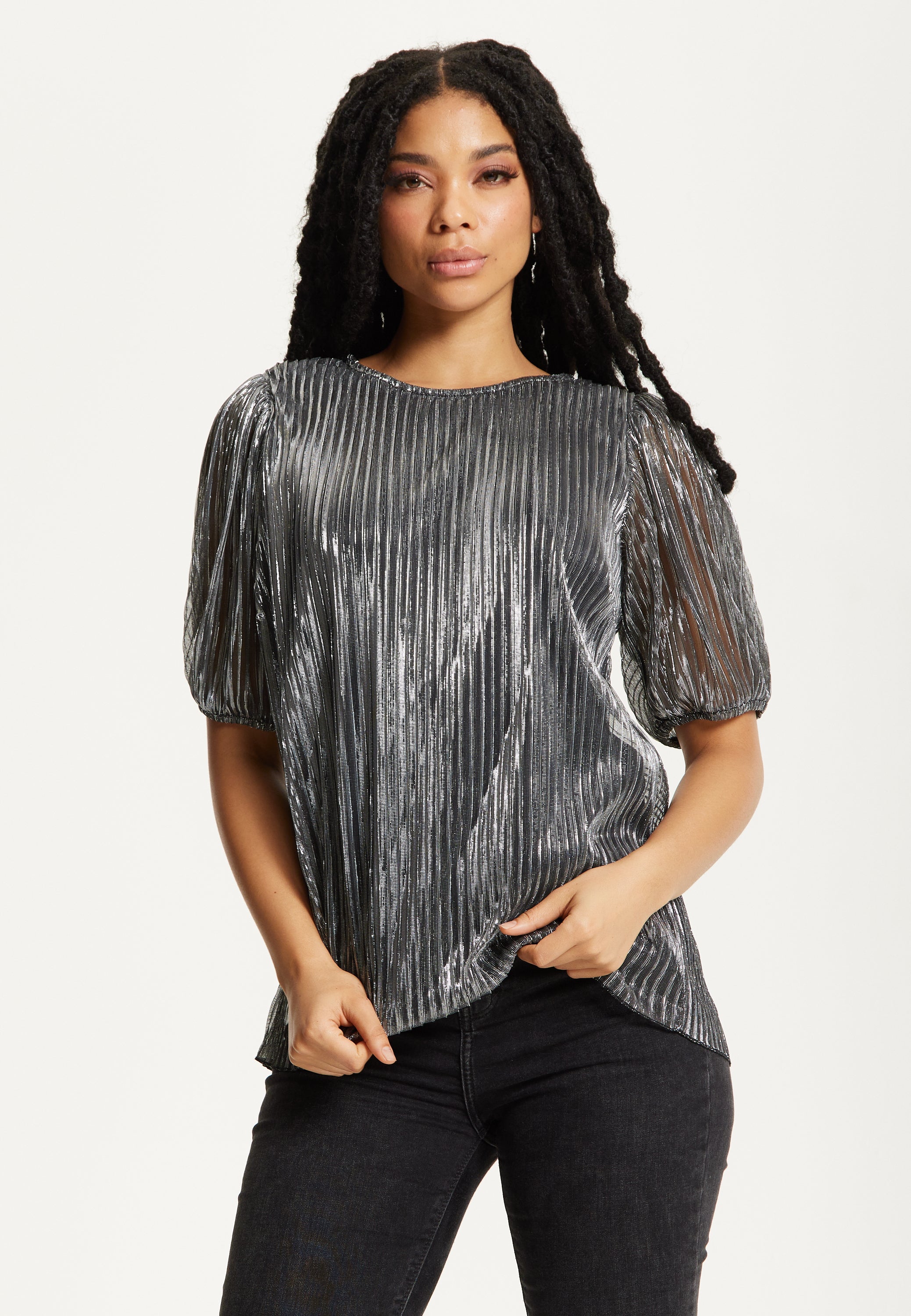 Metallic Pleated Puff Sleeve Top 25AW-53016