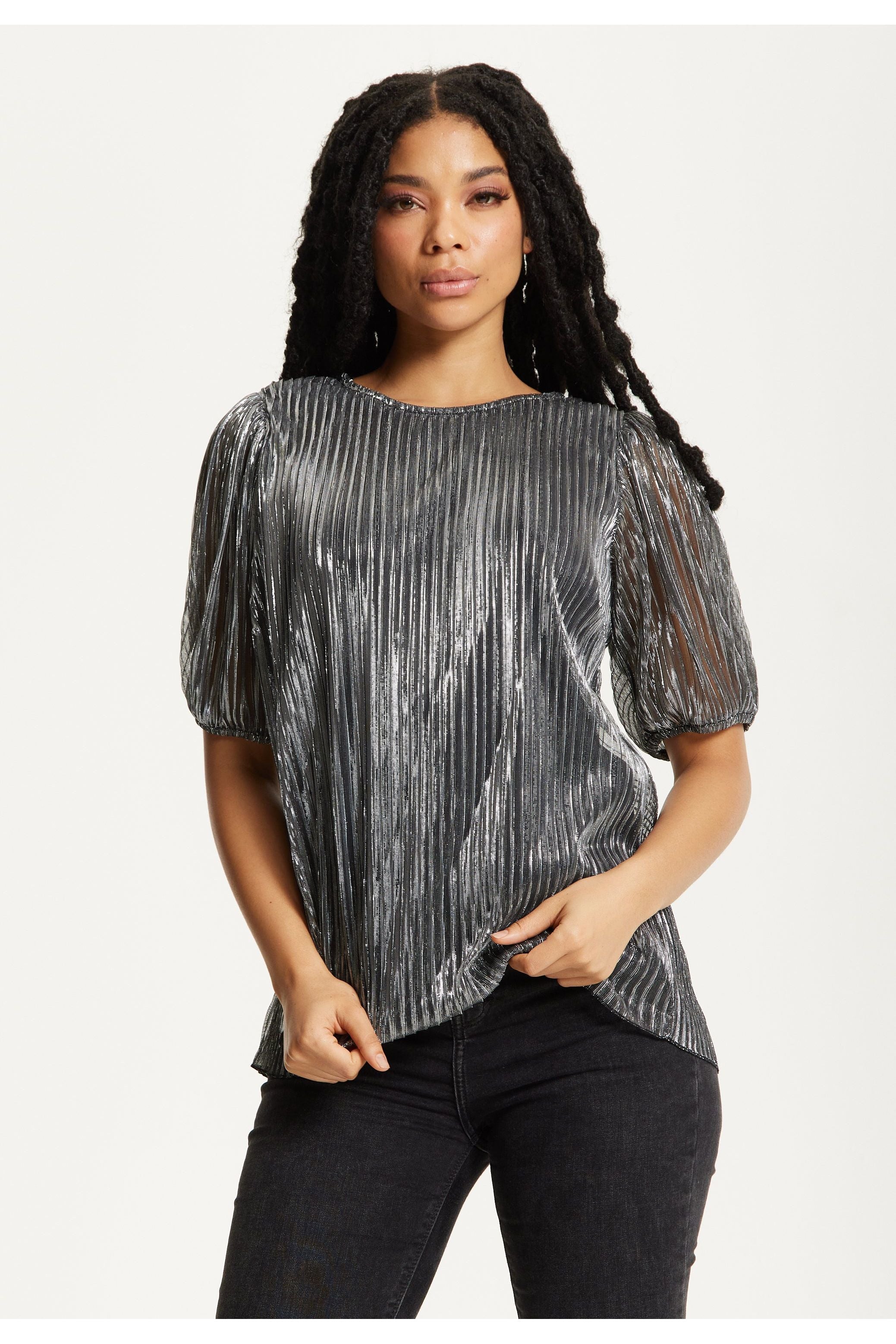 Metallic Pleated Puff Sleeve Top 25AW-53016