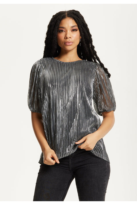 Metallic Pleated Puff Sleeve Top by Liquorish