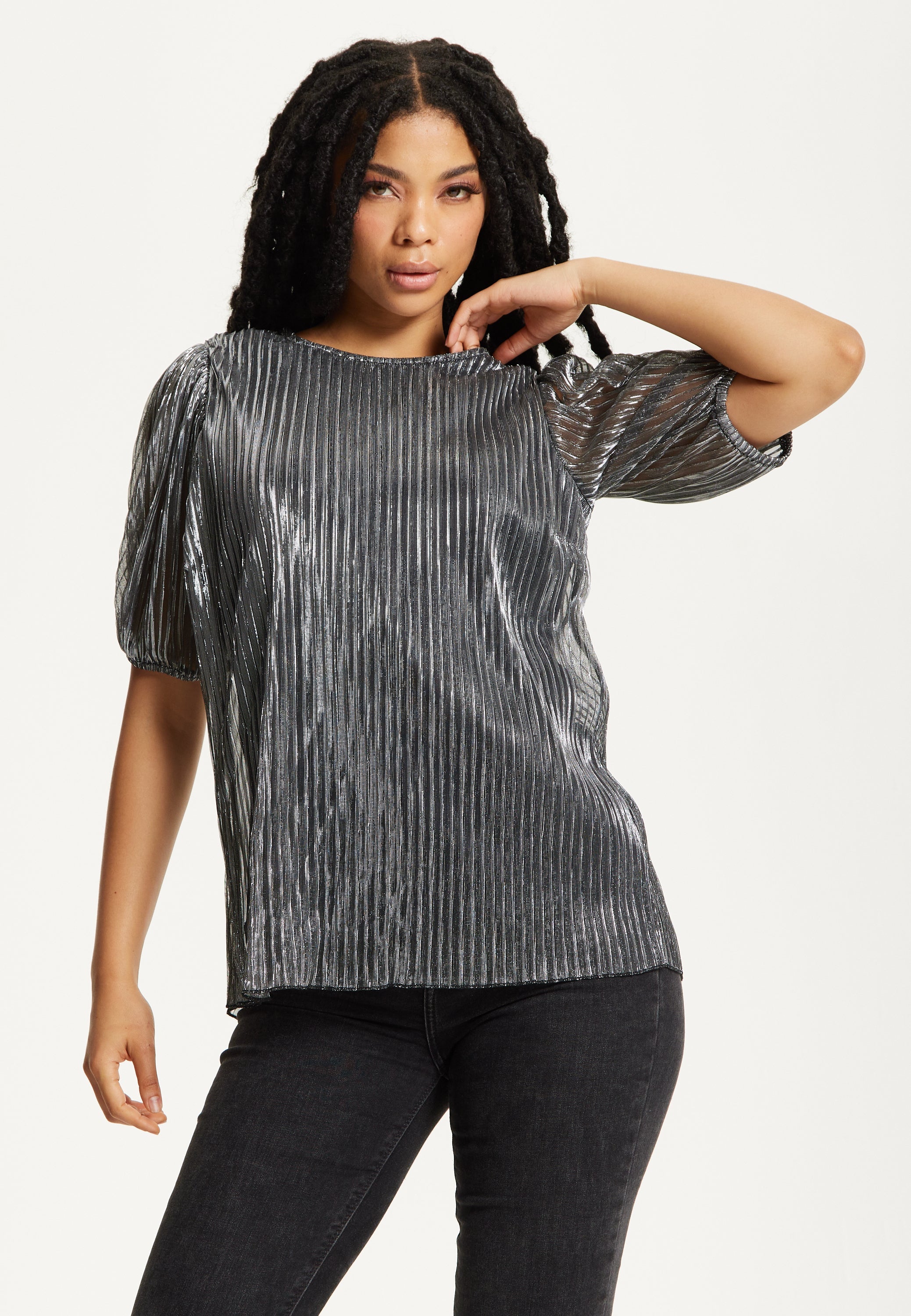 Metallic Pleated Puff Sleeve Top 25AW-53016