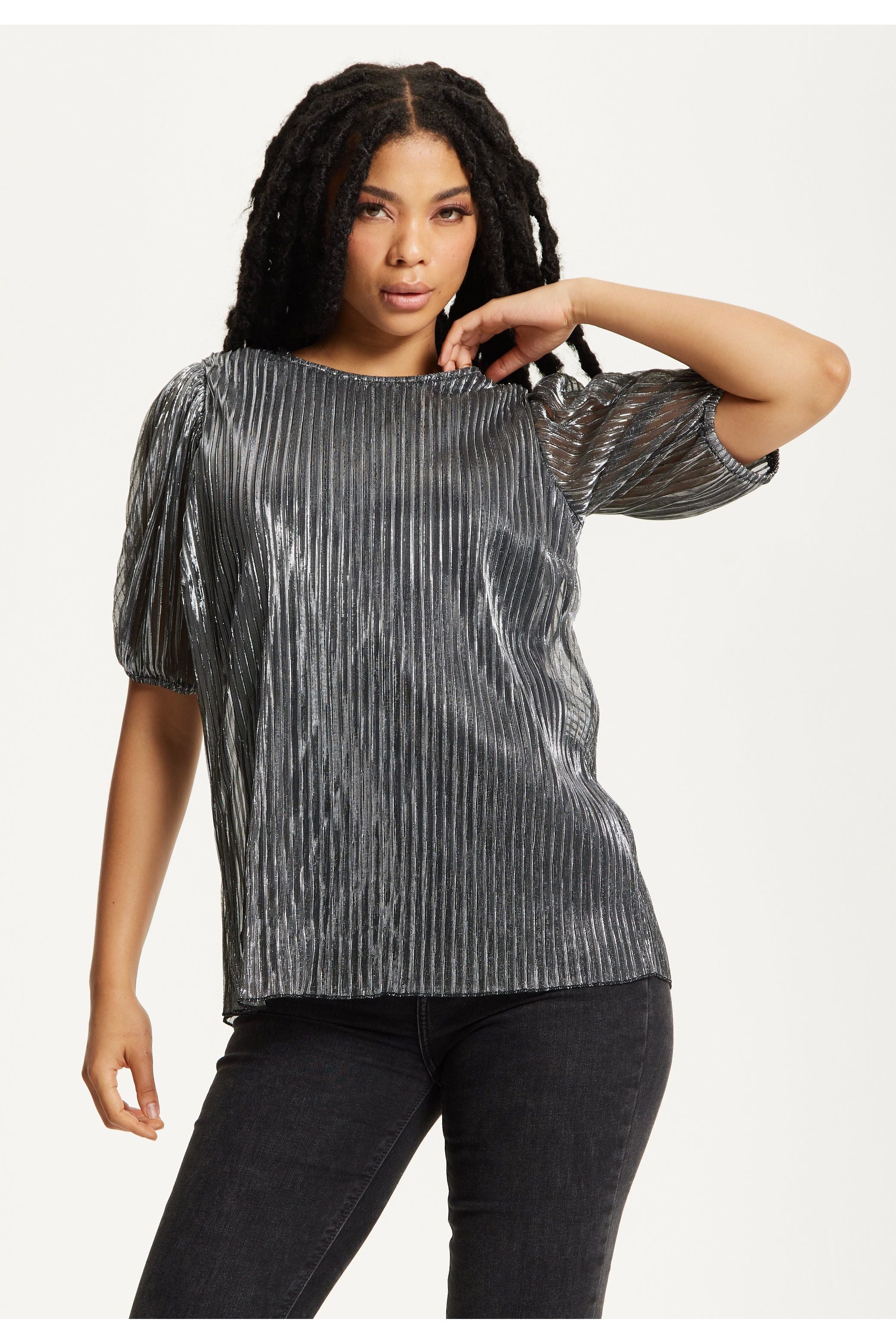 Metallic Pleated Puff Sleeve Top 25AW-53016