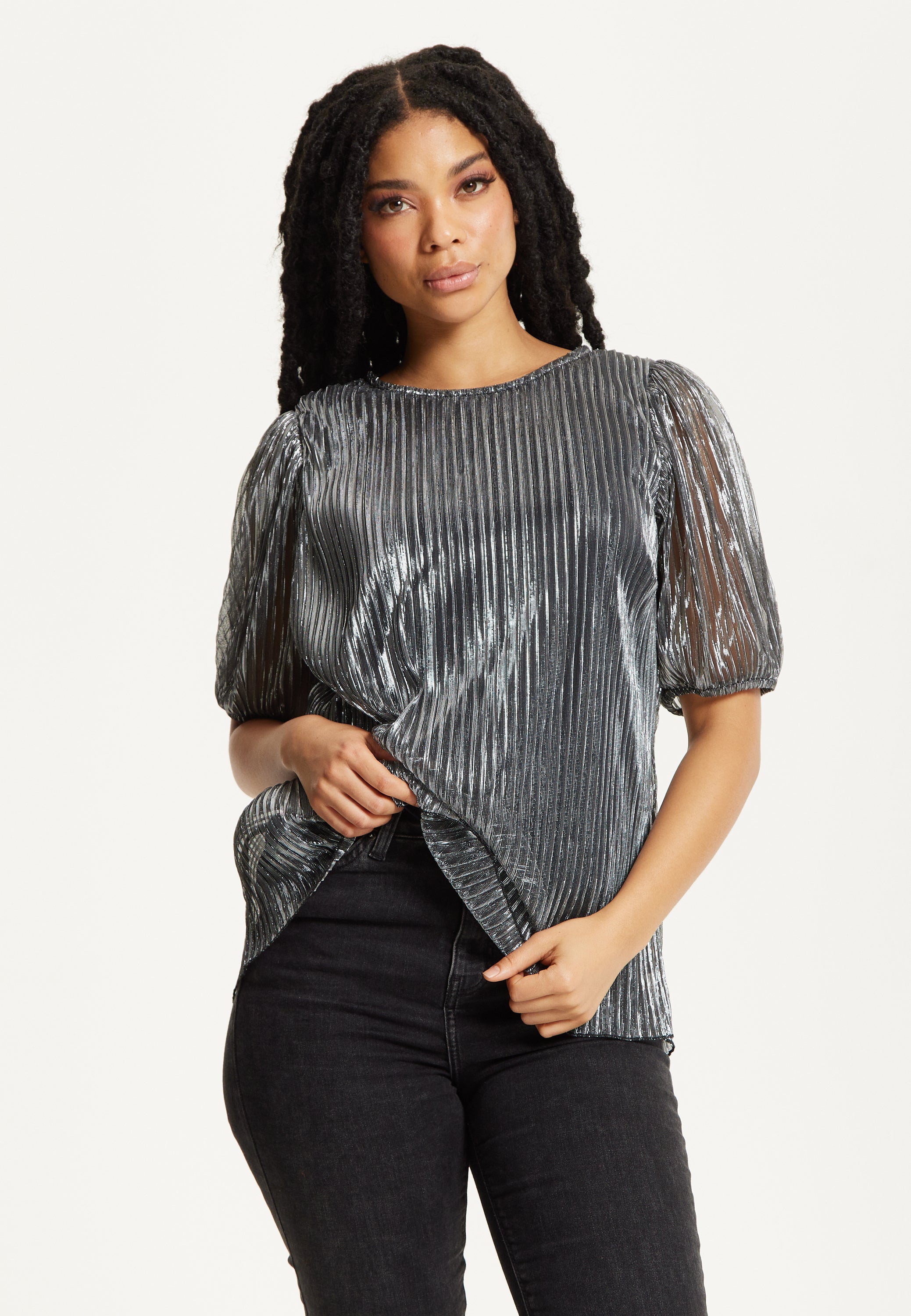 Metallic Pleated Puff Sleeve Top 25AW-53016