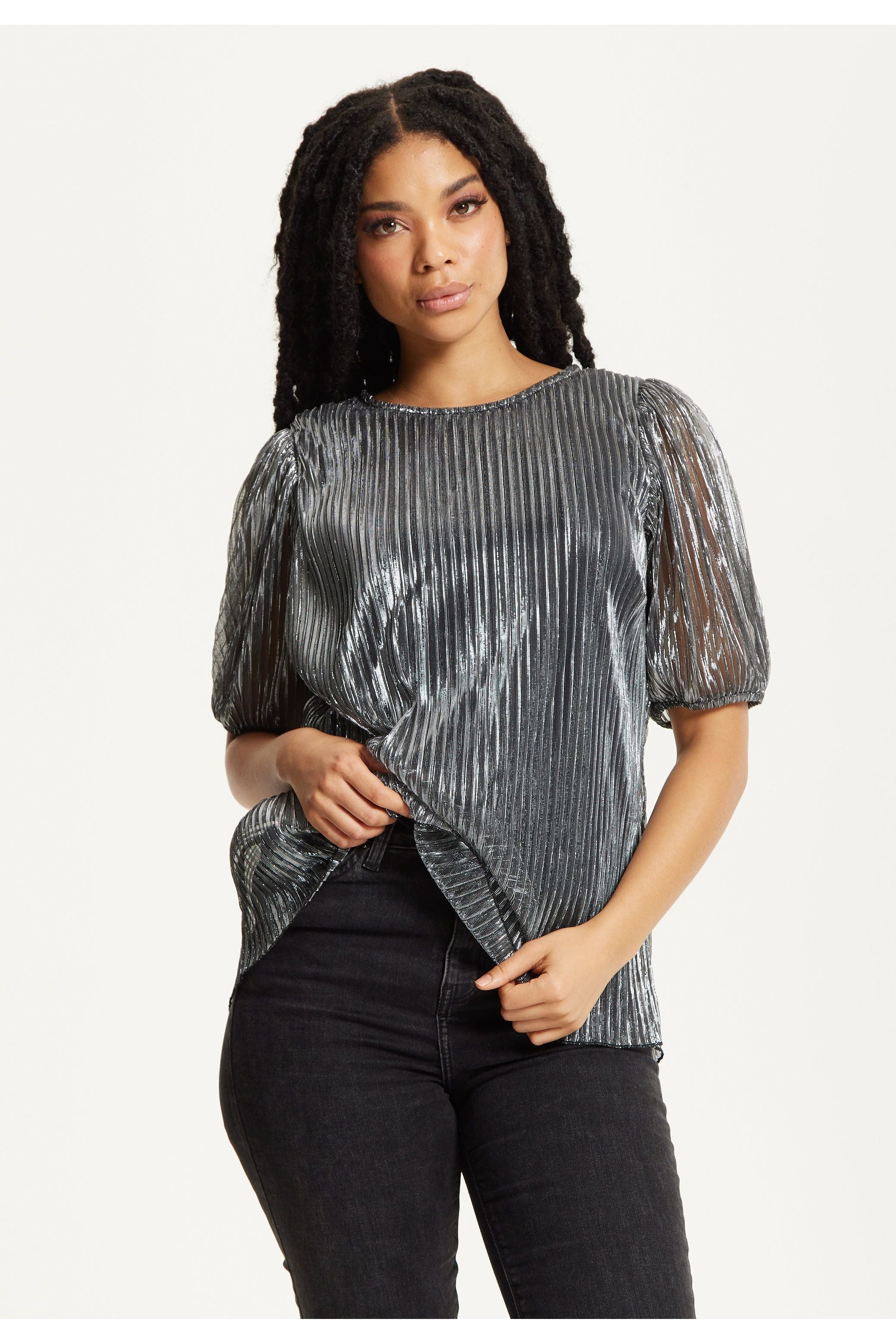 Metallic Pleated Puff Sleeve Top 25AW-53016