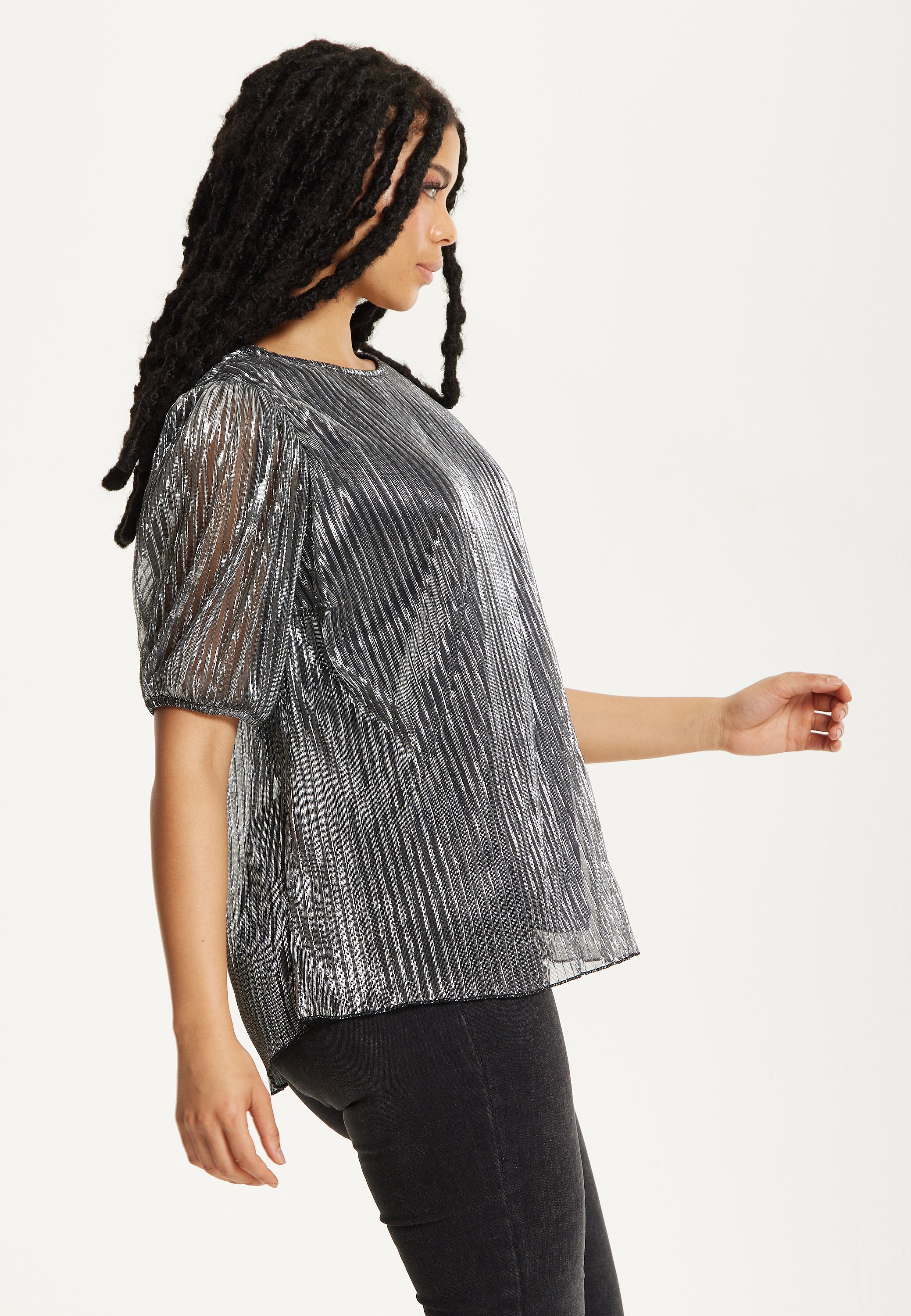 Metallic Pleated Puff Sleeve Top 25AW-53016
