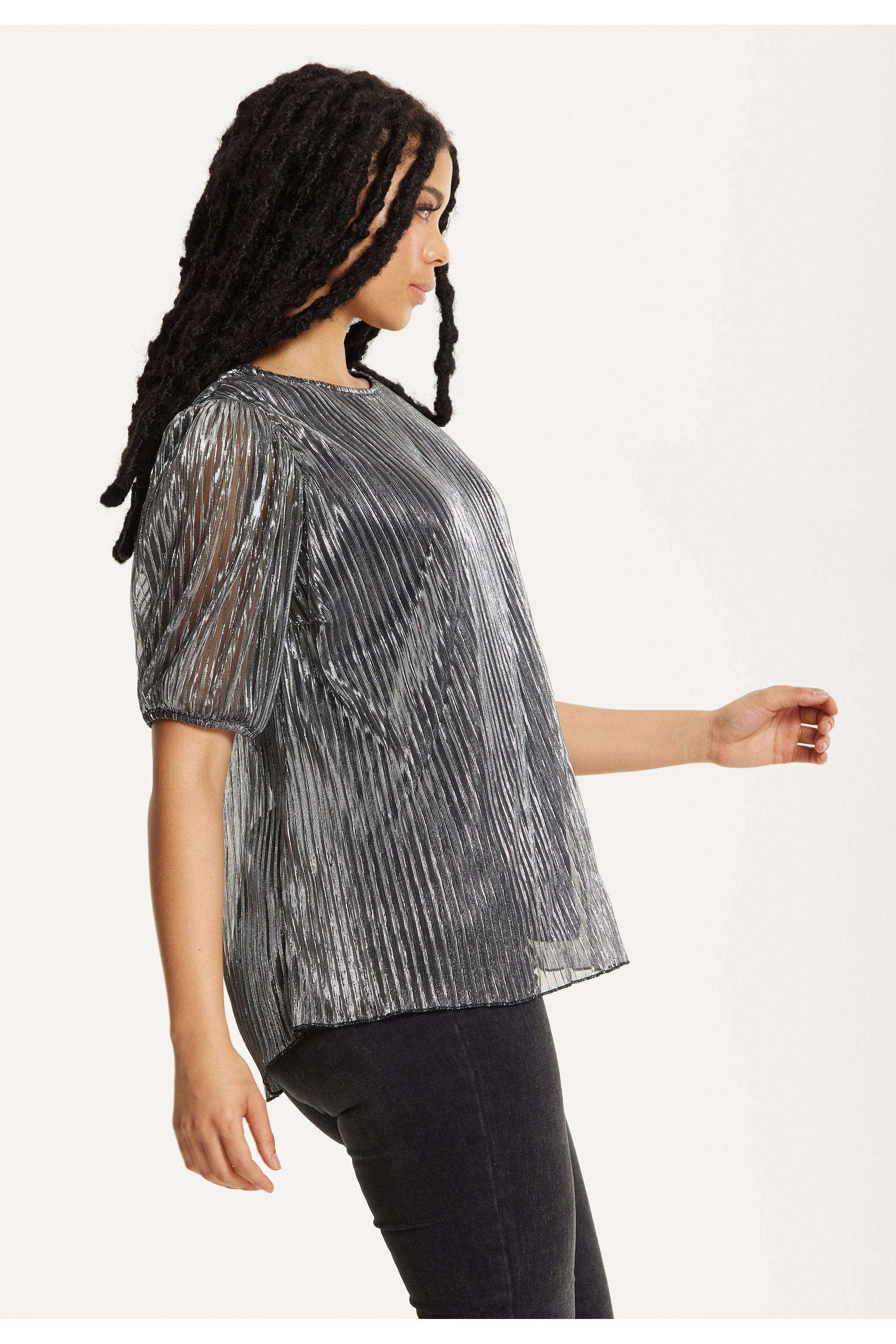 Metallic Pleated Puff Sleeve Top 25AW-53016