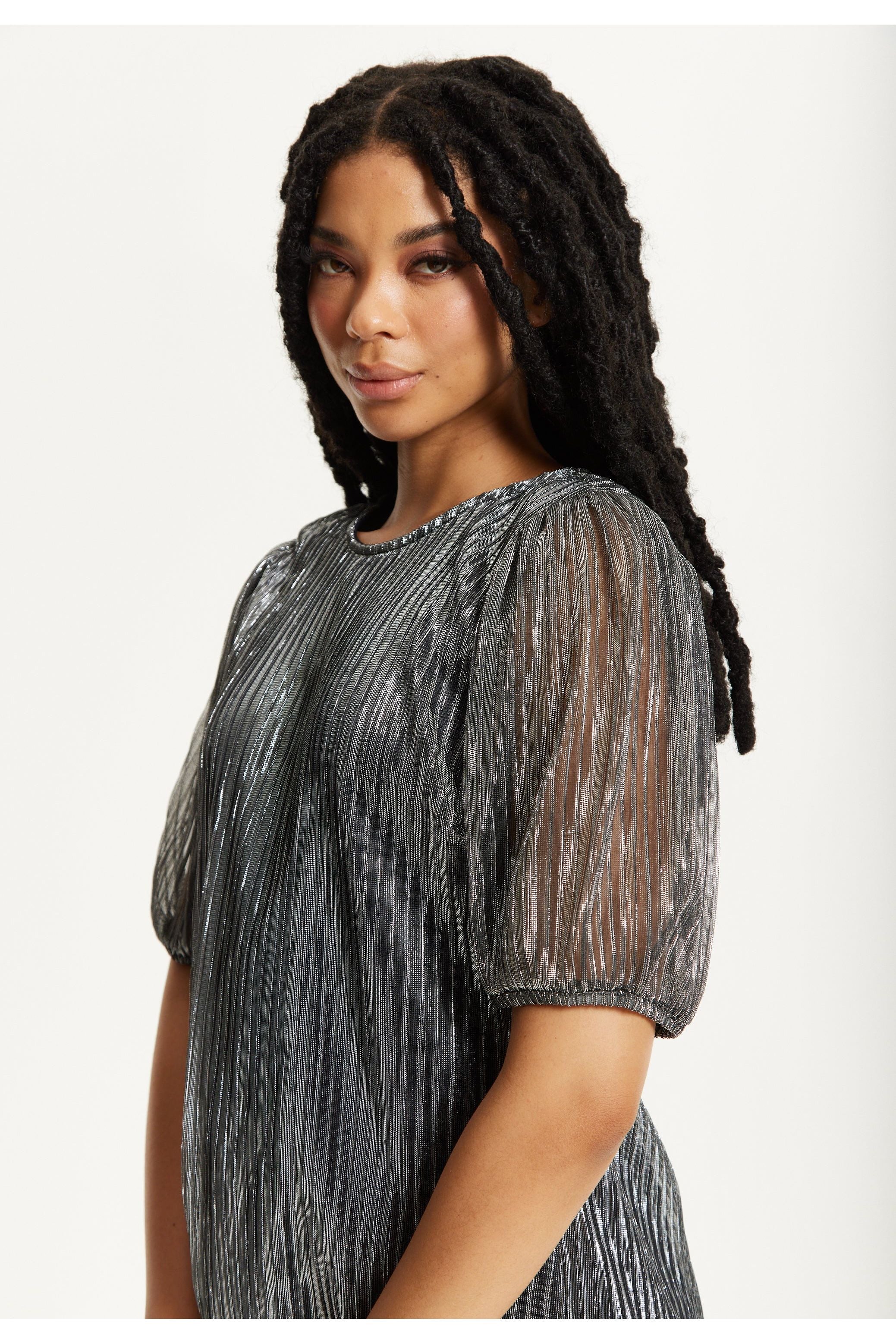 Metallic Pleated Puff Sleeve Top 25AW-53016