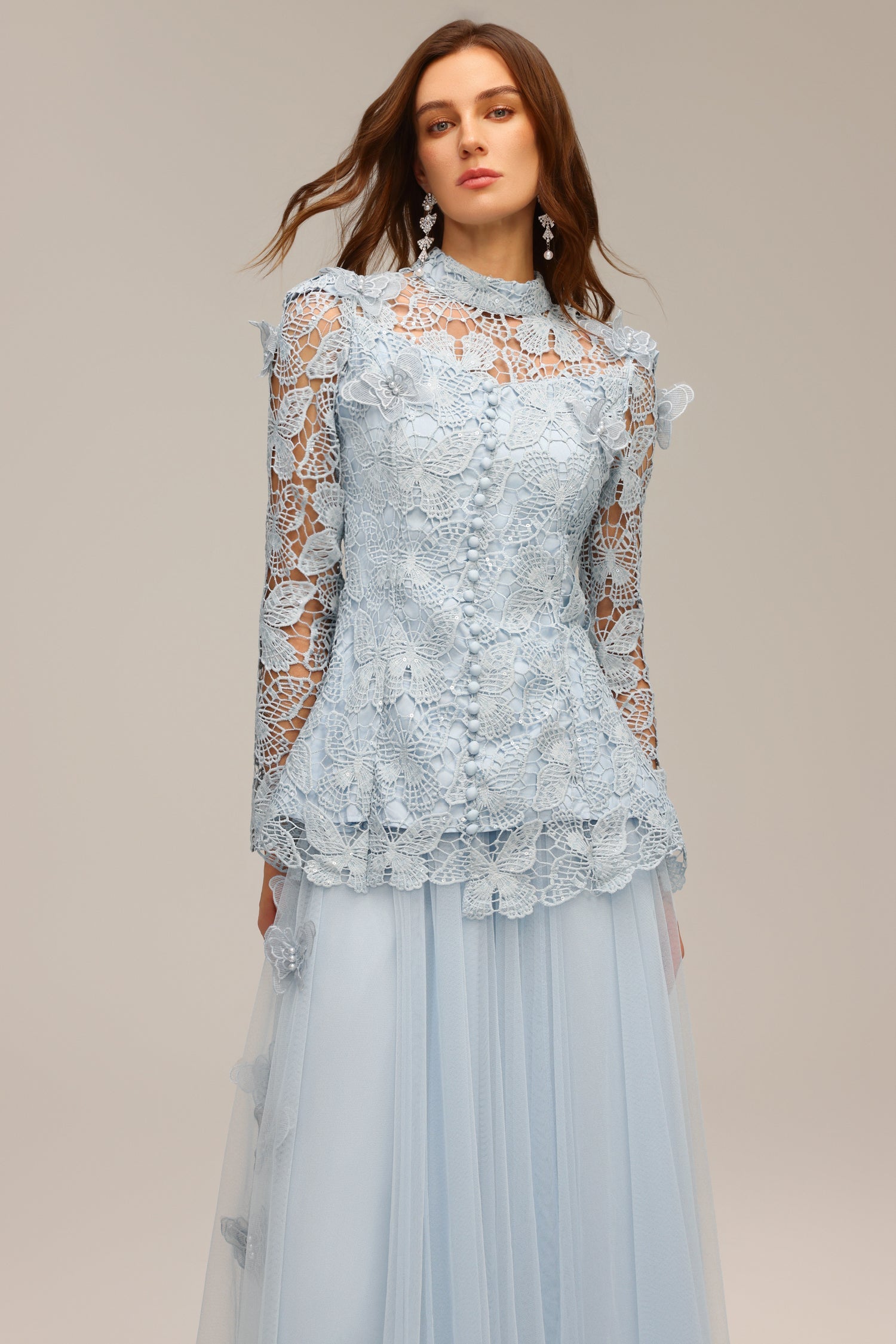 Sabina Long Sleeve Folds Lace Butterfly Top And Skirt Two-Piece Set C250300235