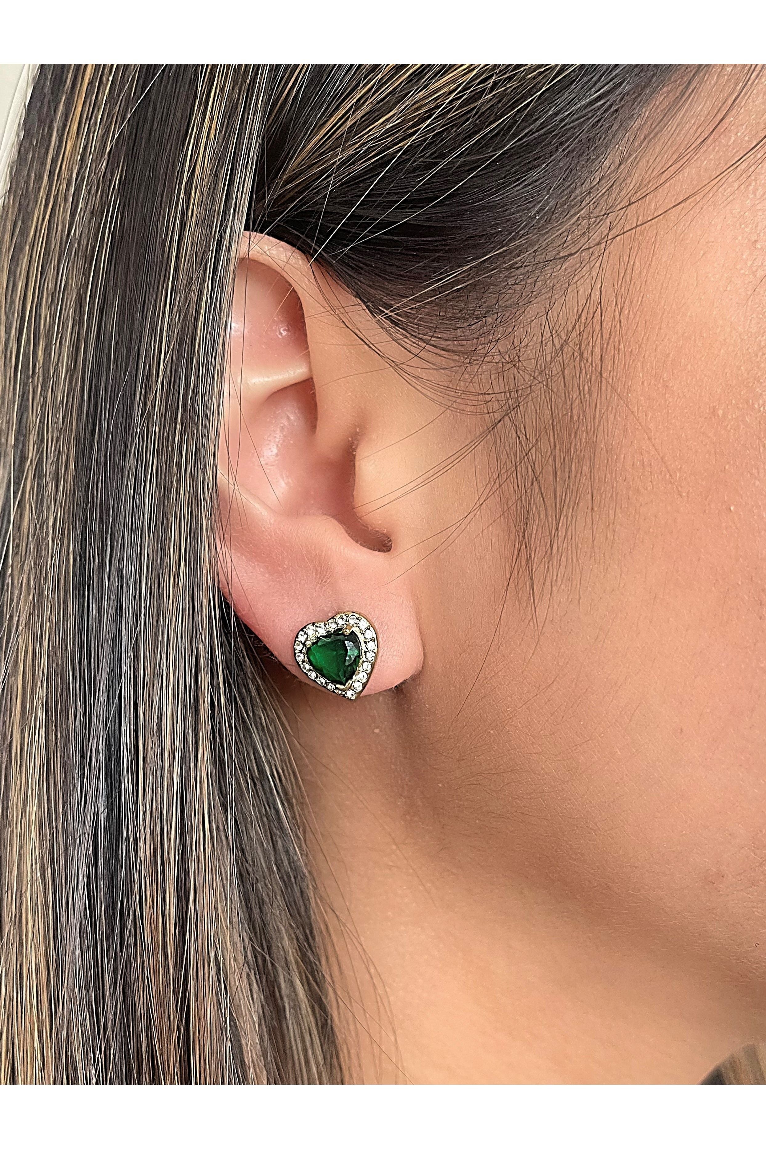 Emerald Green Diamante Heart Necklace And Earrings Set In Gold JE400424