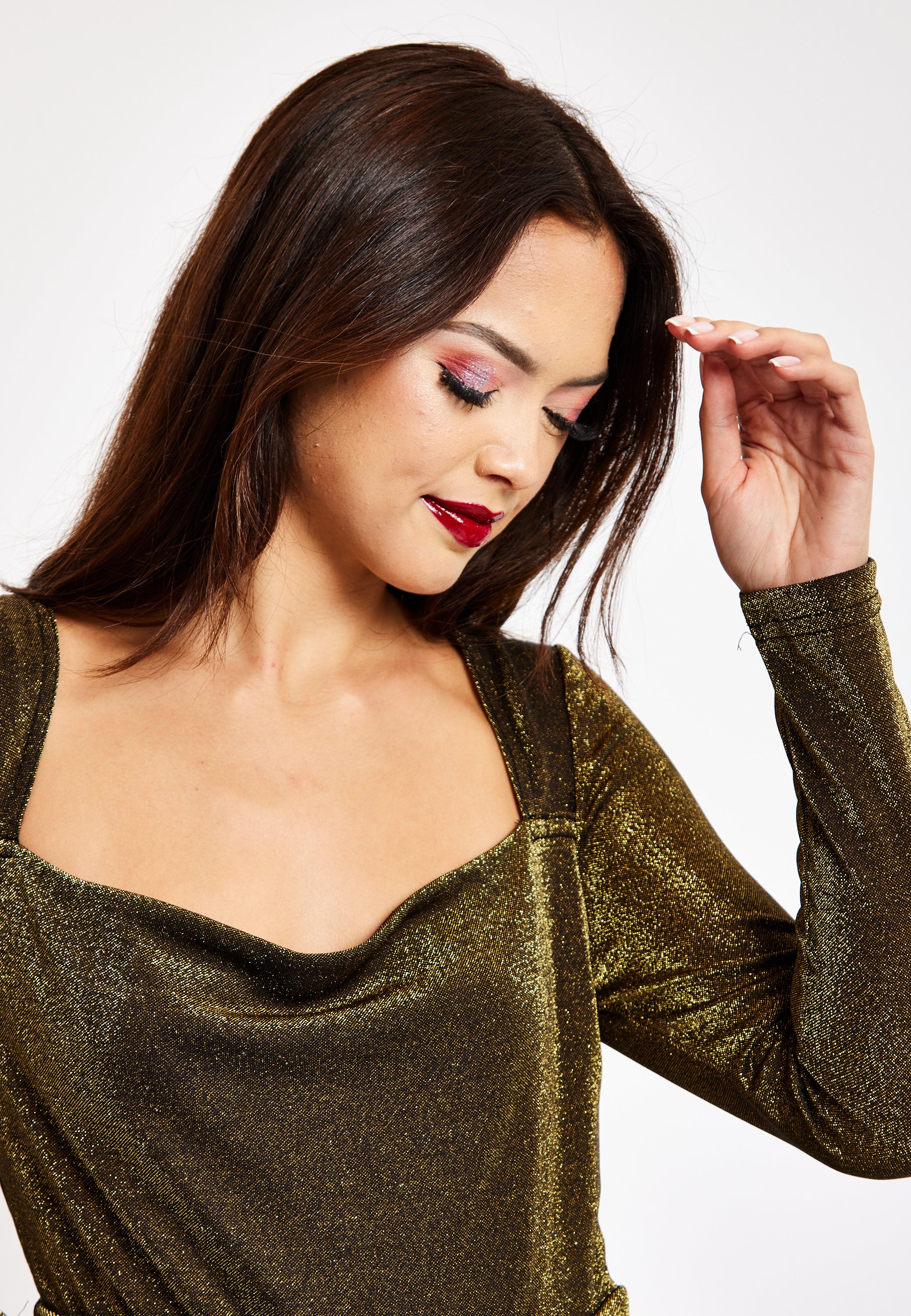 Gold Cowl Neck Lurex Jumpsuit LIQ23AW068GL