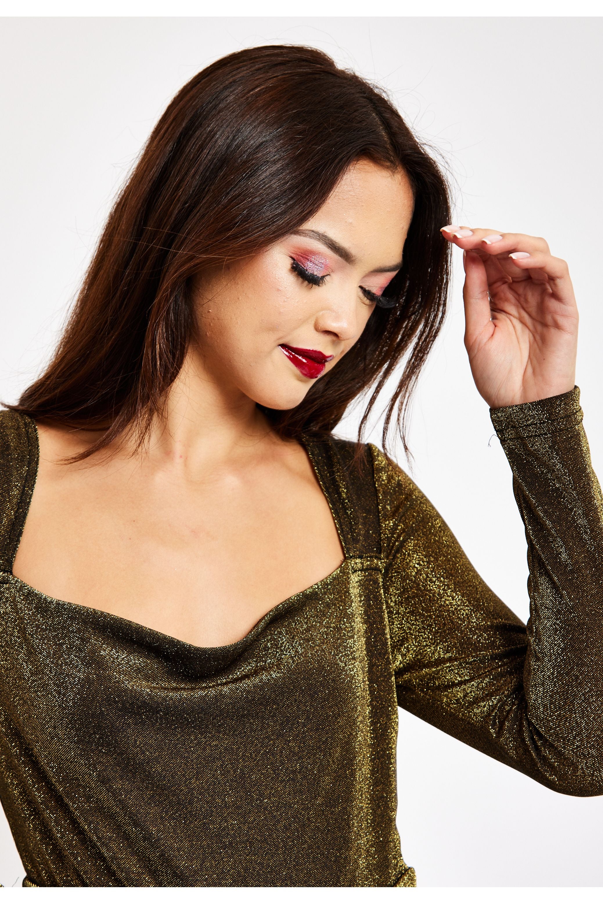 Gold Cowl Neck Lurex Jumpsuit LIQ23AW068GL