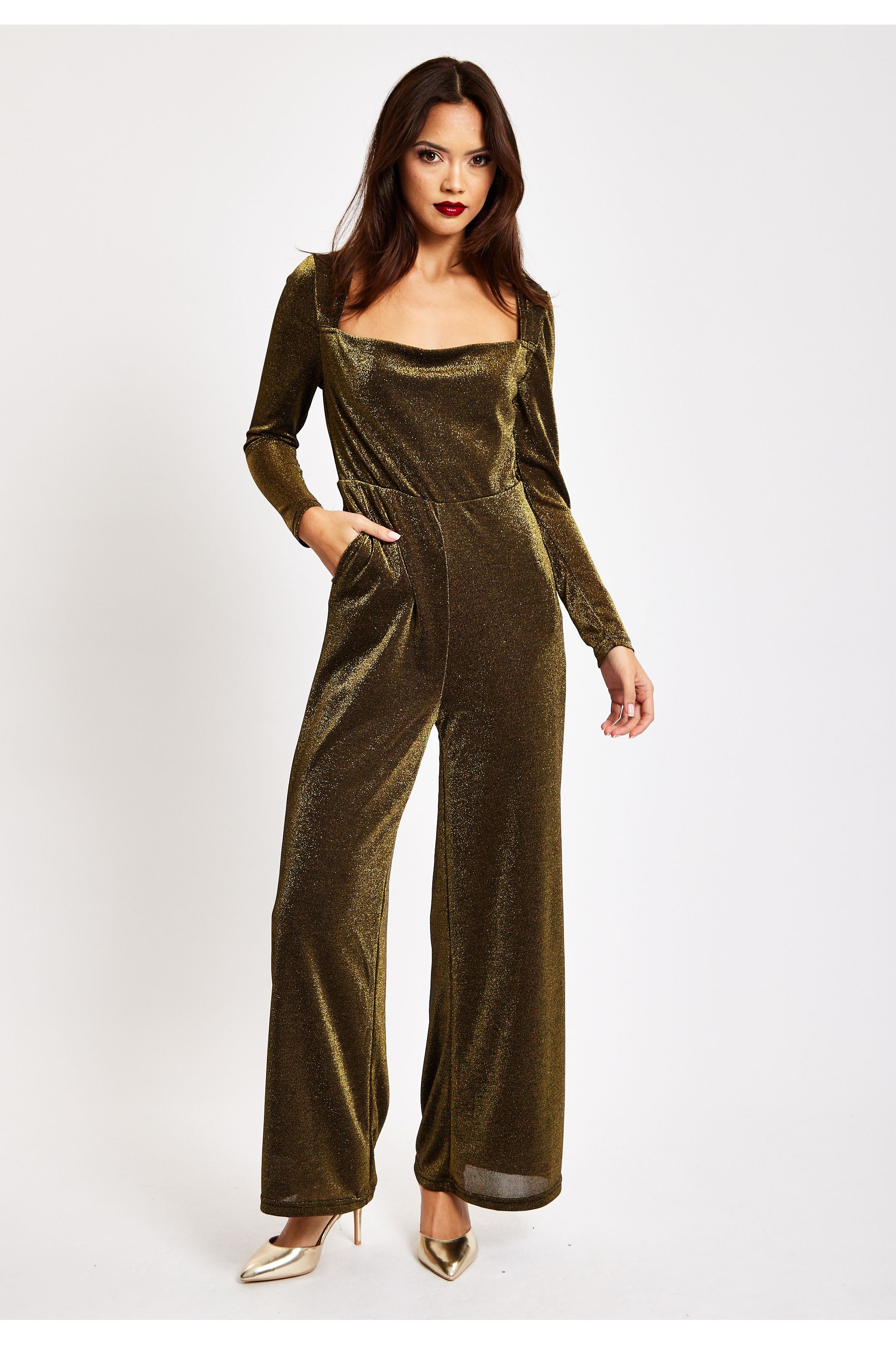 Gold Cowl Neck Lurex Jumpsuit LIQ23AW068GL