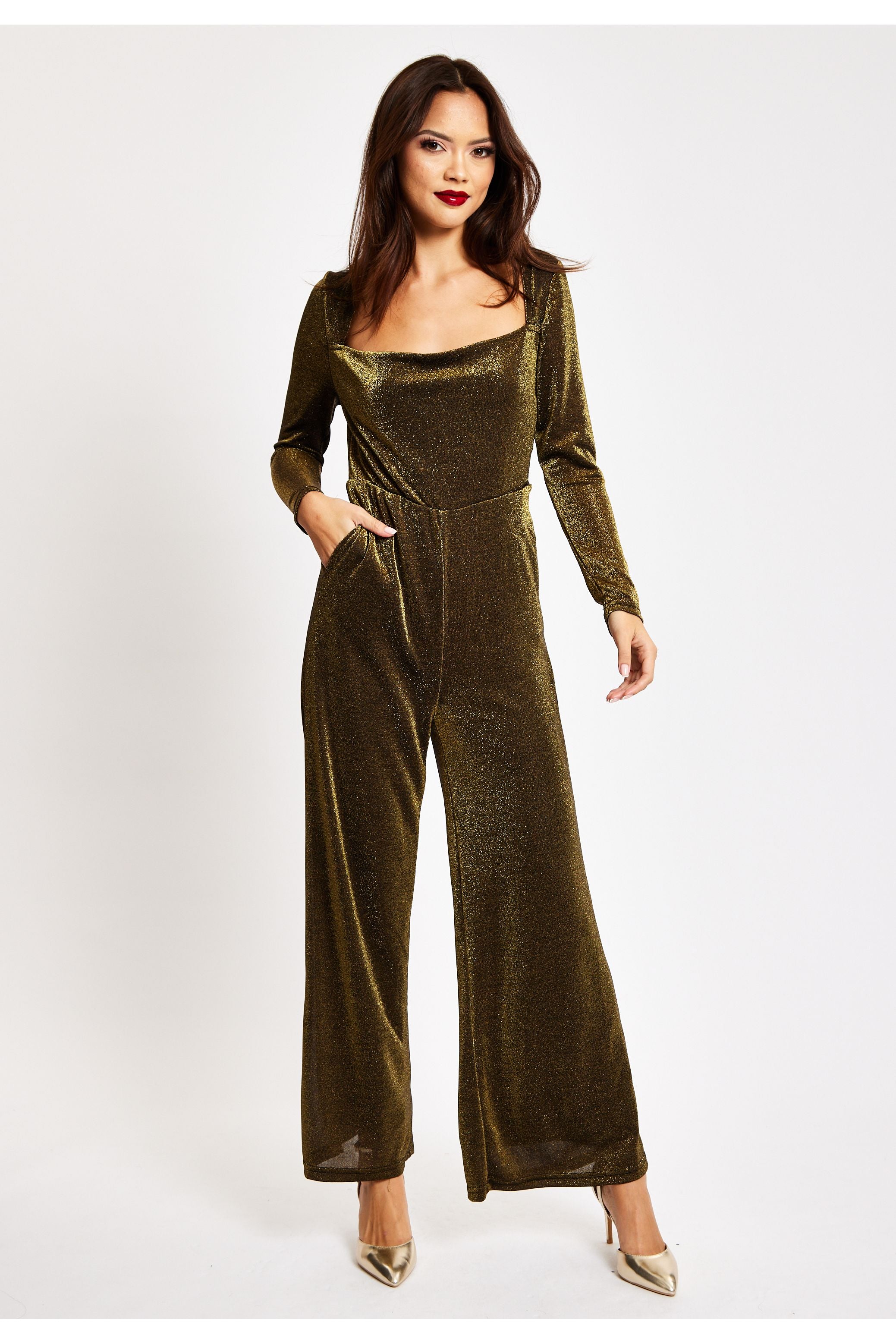 Gold Cowl Neck Lurex Jumpsuit LIQ23AW068GL