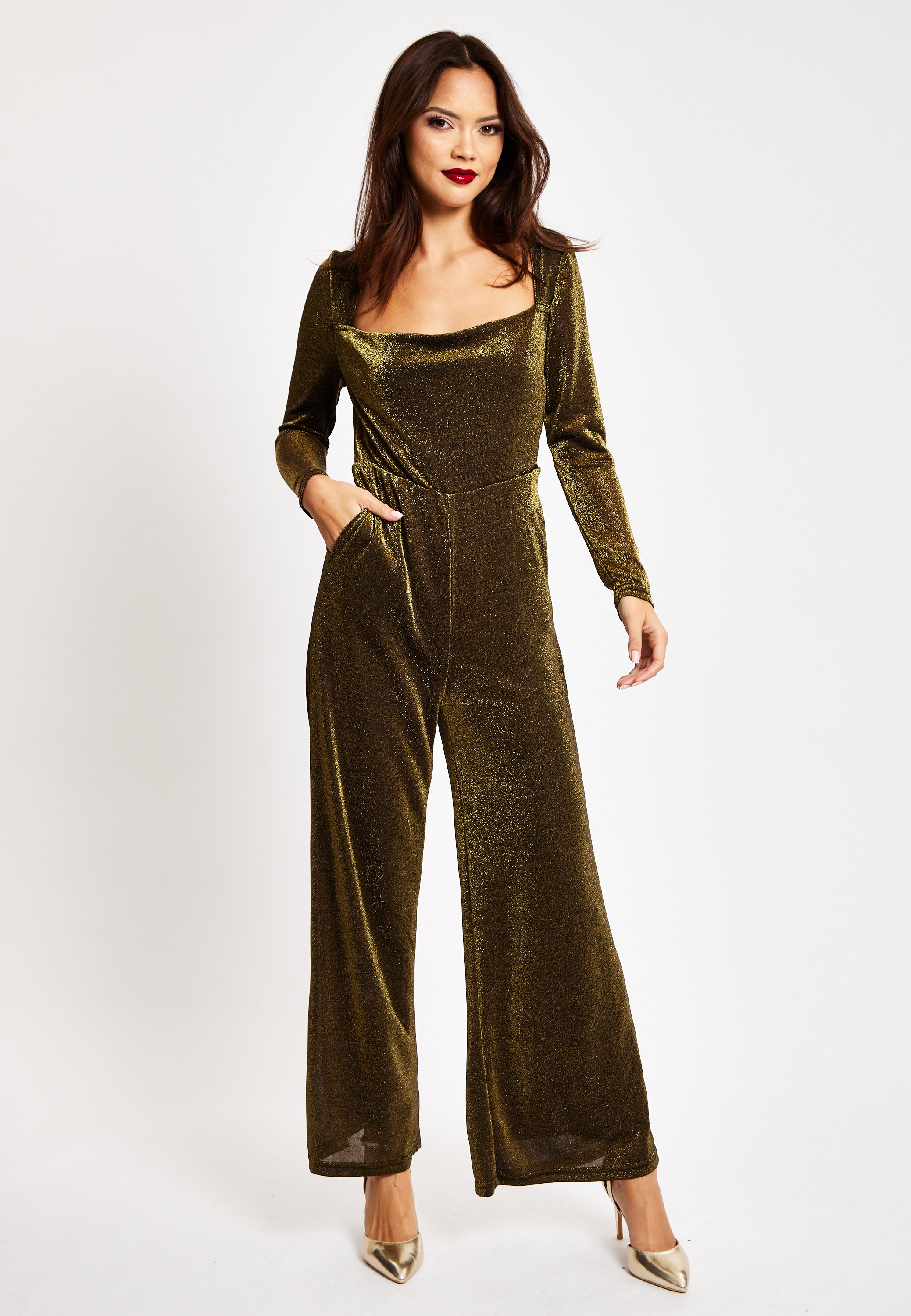 Gold Cowl Neck Lurex Jumpsuit LIQ23AW068GL
