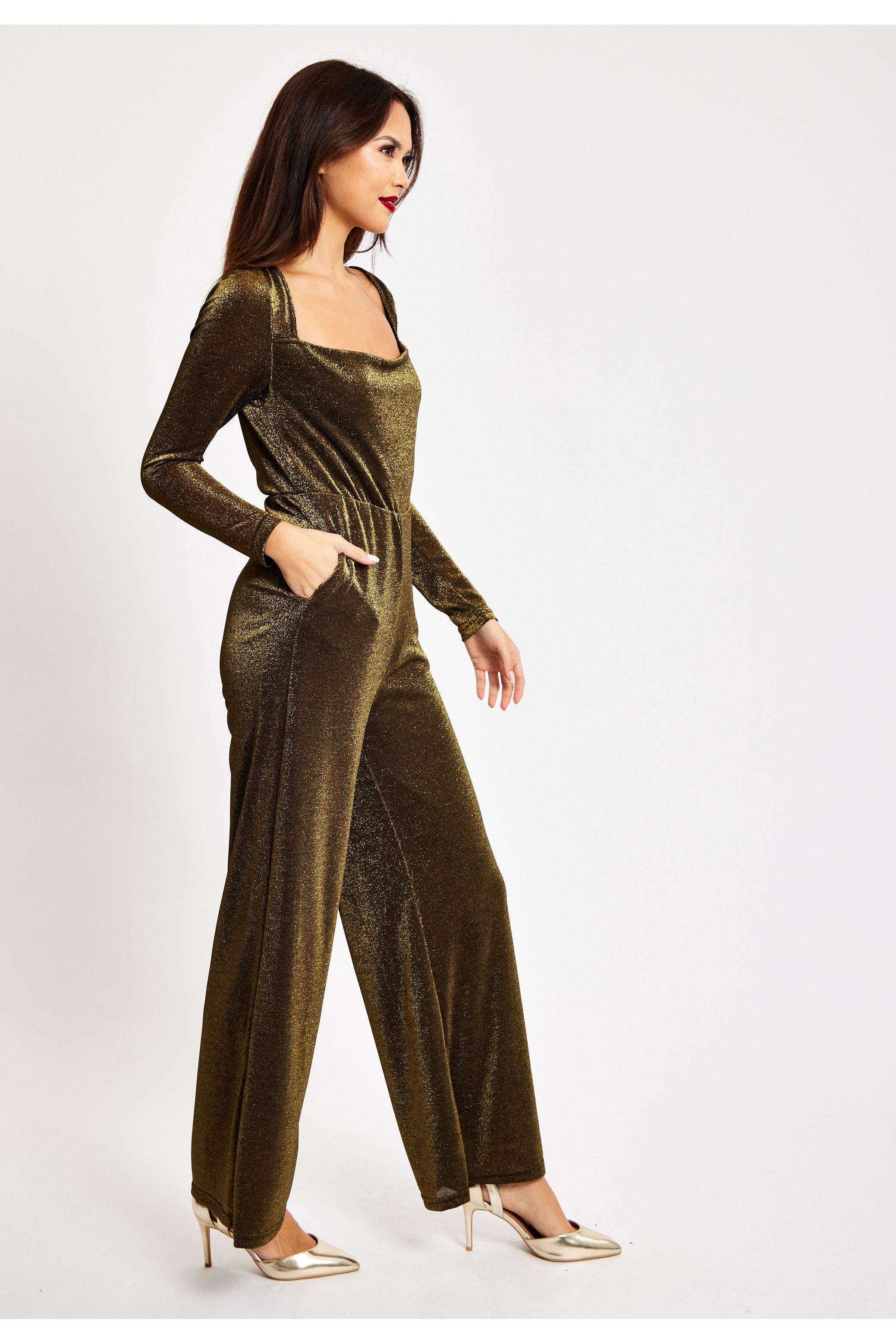 Gold Cowl Neck Lurex Jumpsuit LIQ23AW068GL