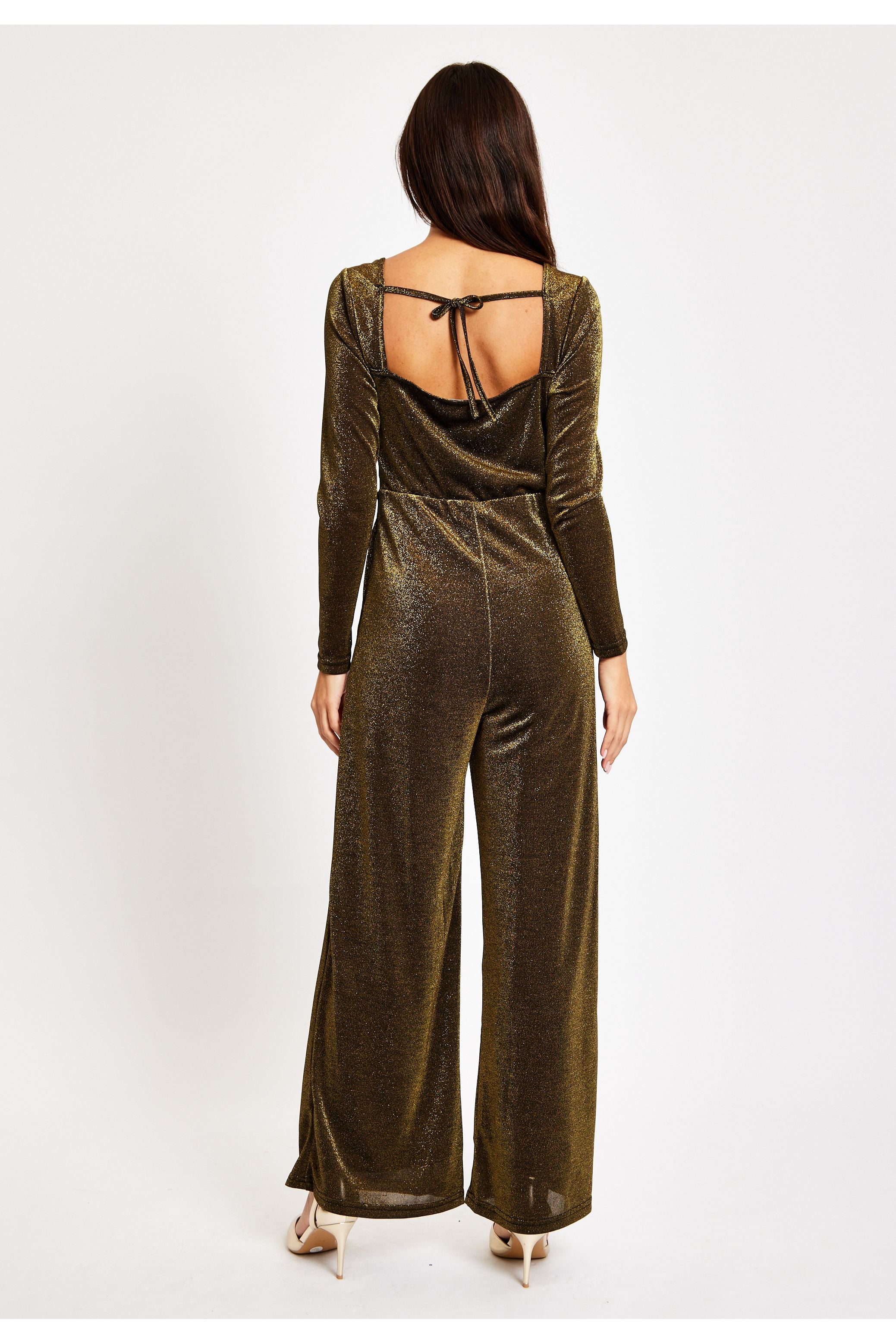 Gold Cowl Neck Lurex Jumpsuit LIQ23AW068GL