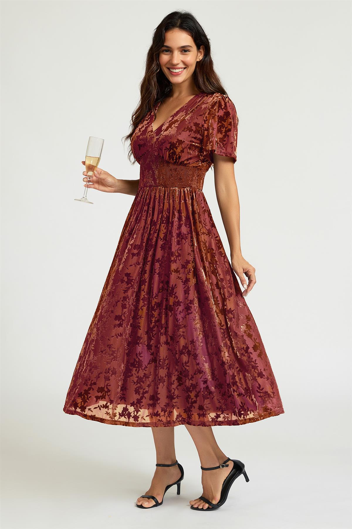 Rust Velvet Burnout V-Neck Angel Sleeve Midi Dress FS955