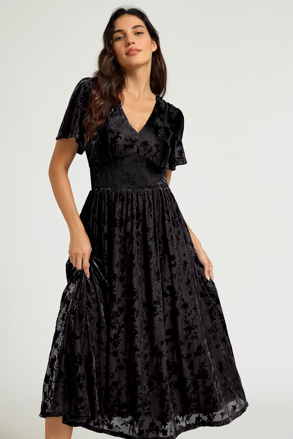 Black Velvet Burnout V-Neck Angel Sleeve Midi Dress FS955