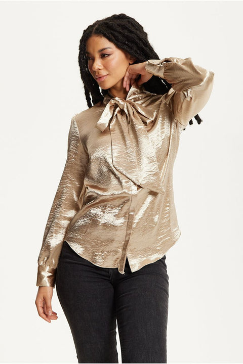 Gold Satin Bow Blouse by Liquorish