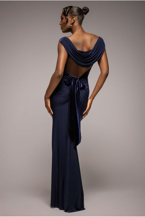 Open Back Cowl Neck Gathered Maxi Dress With Velvet Tie Back - Navy Blue by Goddiva