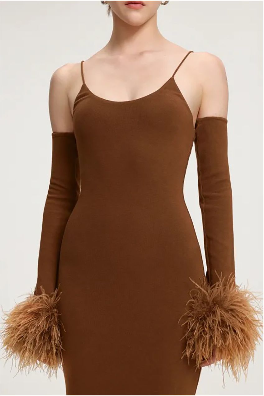 Feather-Cuffed Knit Midi Dress R2509DT054