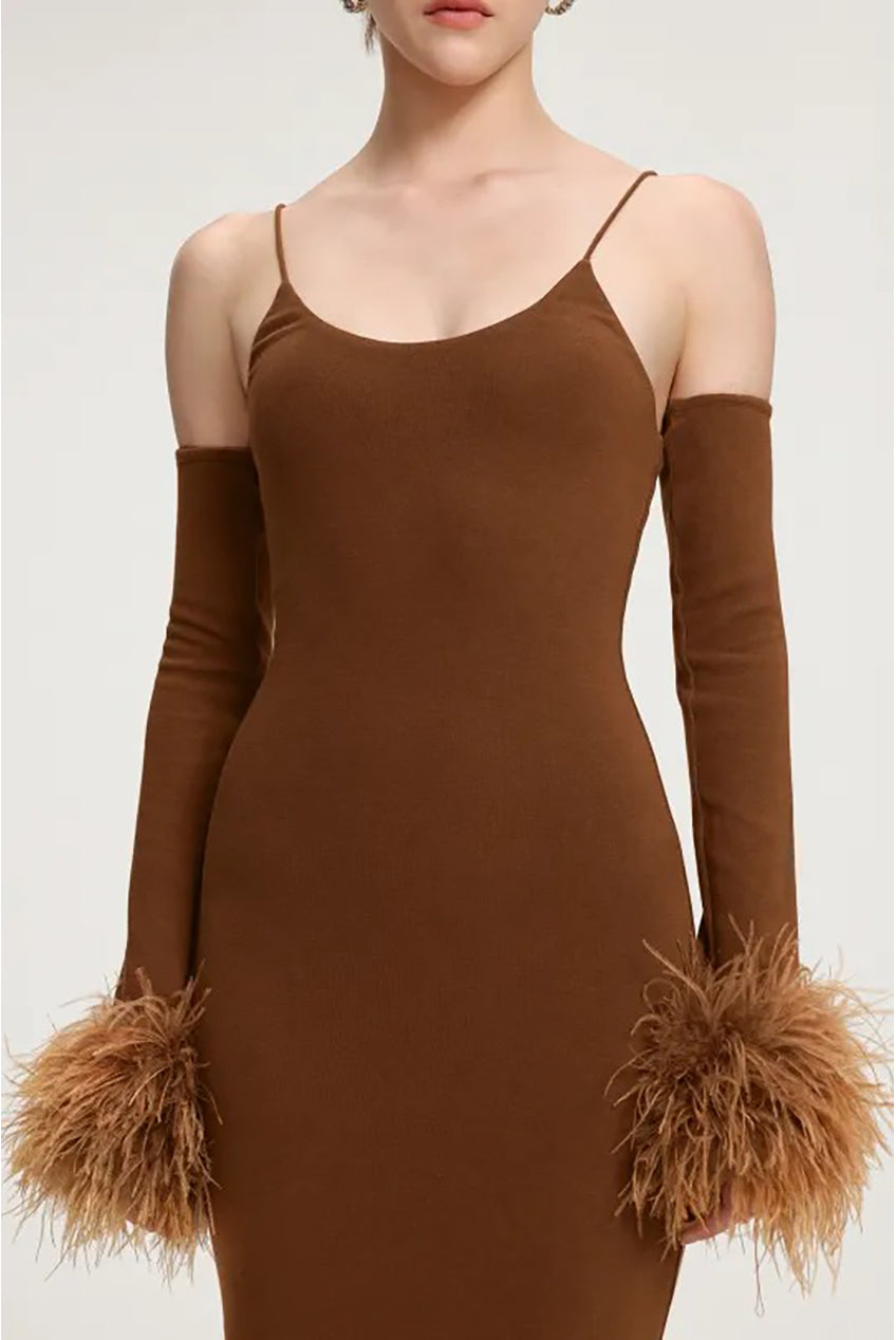 Feather-Cuffed Knit Midi Dress R2509DT054