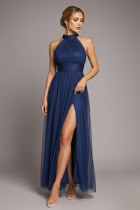 Halter Neck Mesh Tie Maxi Dress - Navy Blue by Goddiva