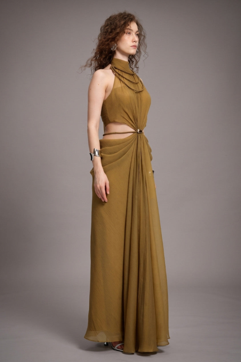 High-Neck Braided Cut-Out Draped Chiffon Maxi Dress R2510HB025