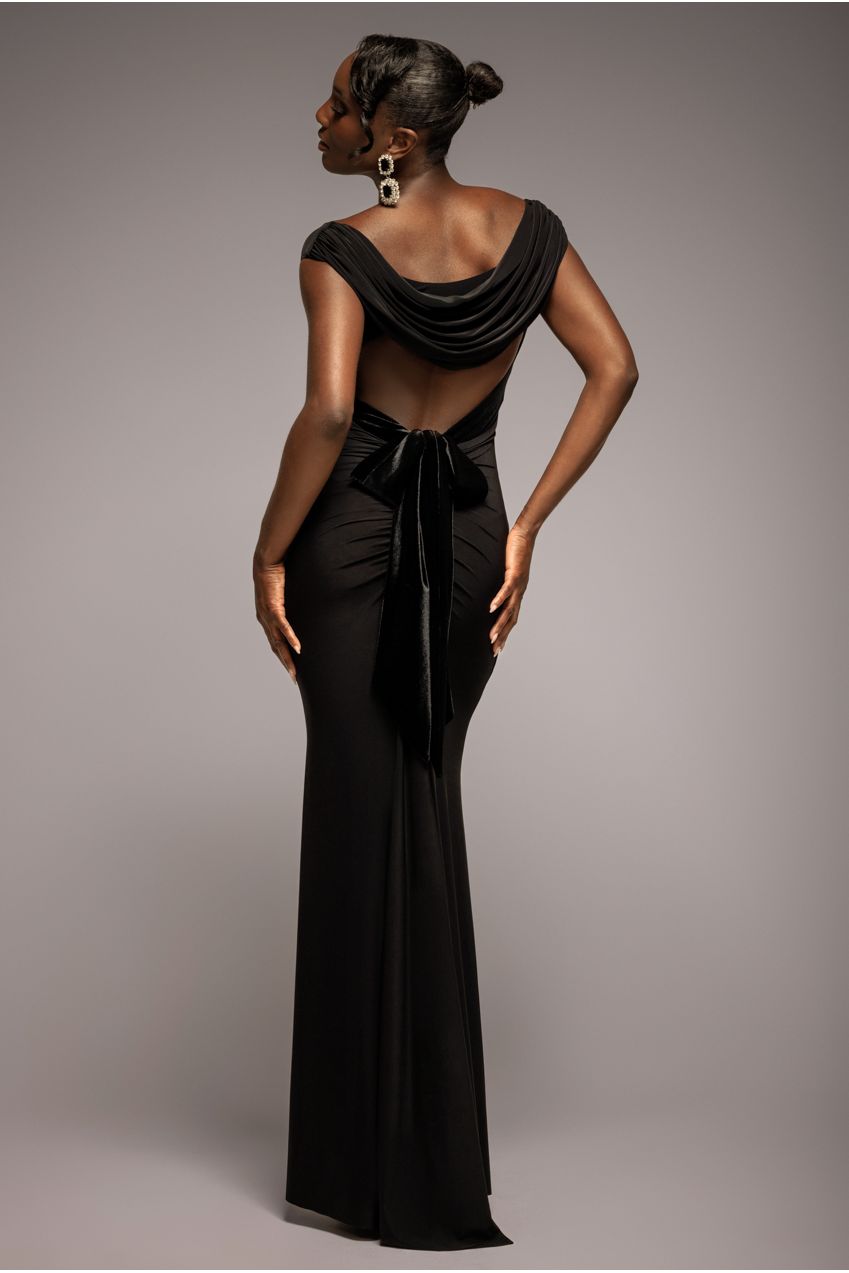 Open Back Cowl Neck Gathered Maxi Dress With Velvet Tie Back - Black DR4856