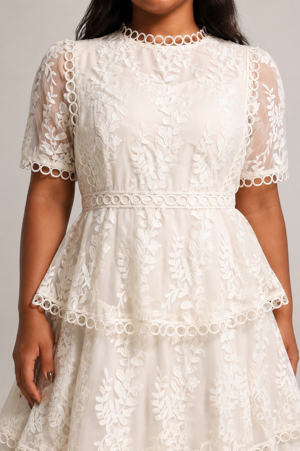 Yedda Resort Flowy Round Neck Short Sleeve Floral Embroidered Woven Maxi Dress C260400053